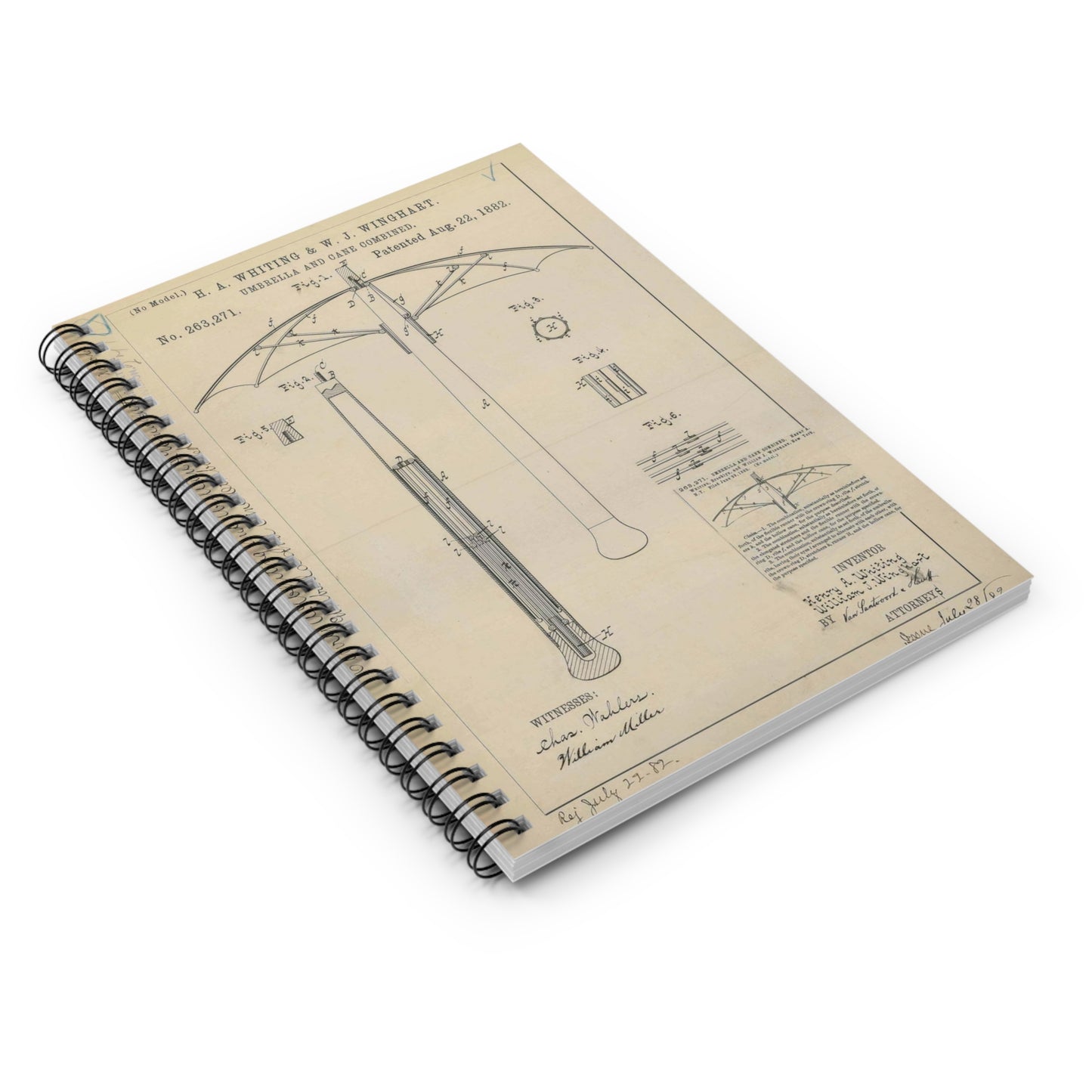 Patent drawing - for H. A. Whiting and W. J. Winghart's Umbrella and Cane Combined Public domain image Spiral Bound Ruled Notebook with Printed Cover
