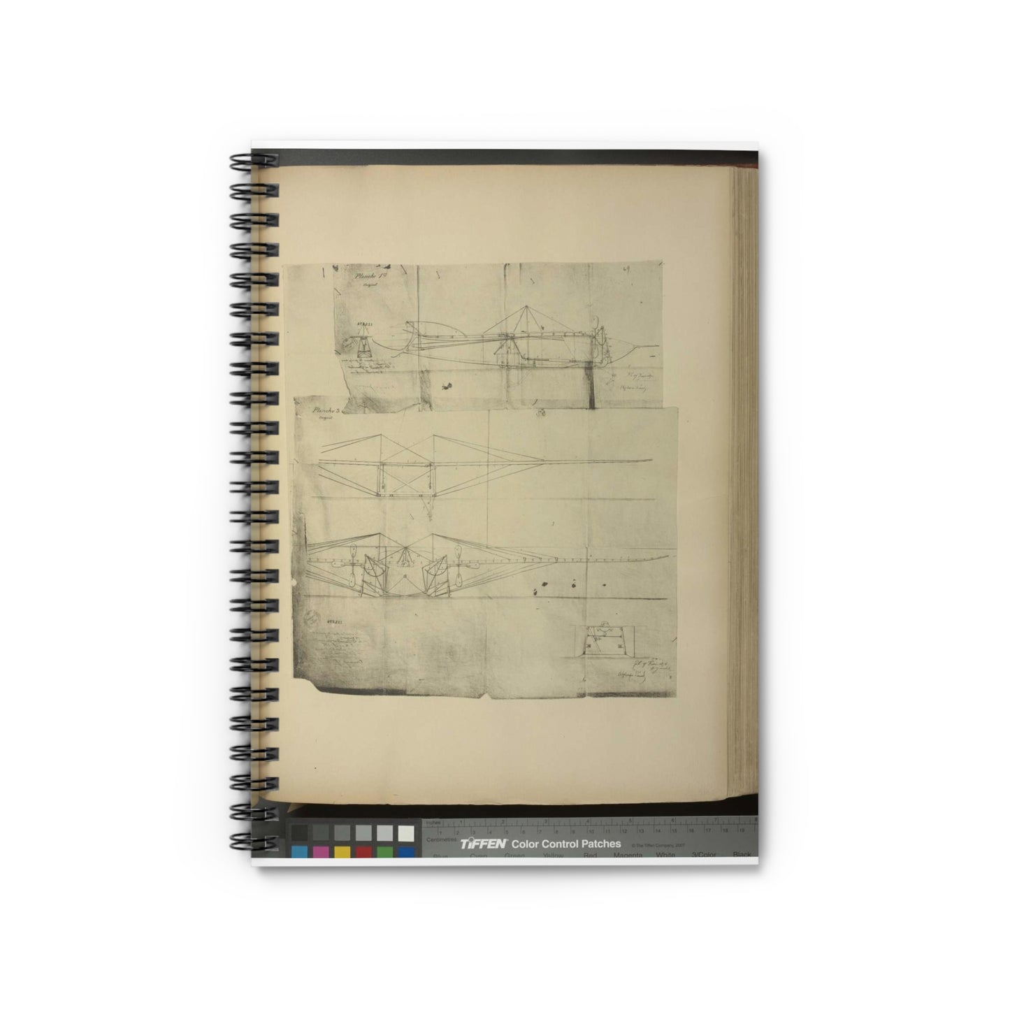 Patent drawing - Planche I et II du brevet n° 111.574 pris en France le 16 février 1876, par Penaud et Gauchot, pour «Un aéro-plane ou appareil aérien volant». Public domain image Spiral Bound Ruled Notebook with Printed Cover
