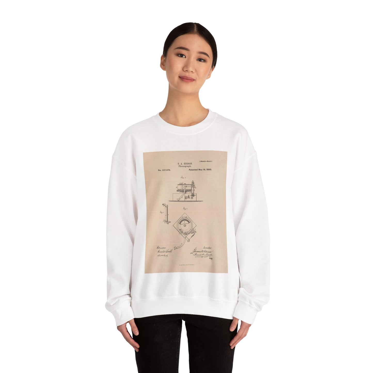 Patent Drawing of Engine - Drawing for a Phonograph Public domain image White Heavy Blend Adult Crew Neck SweatShirt