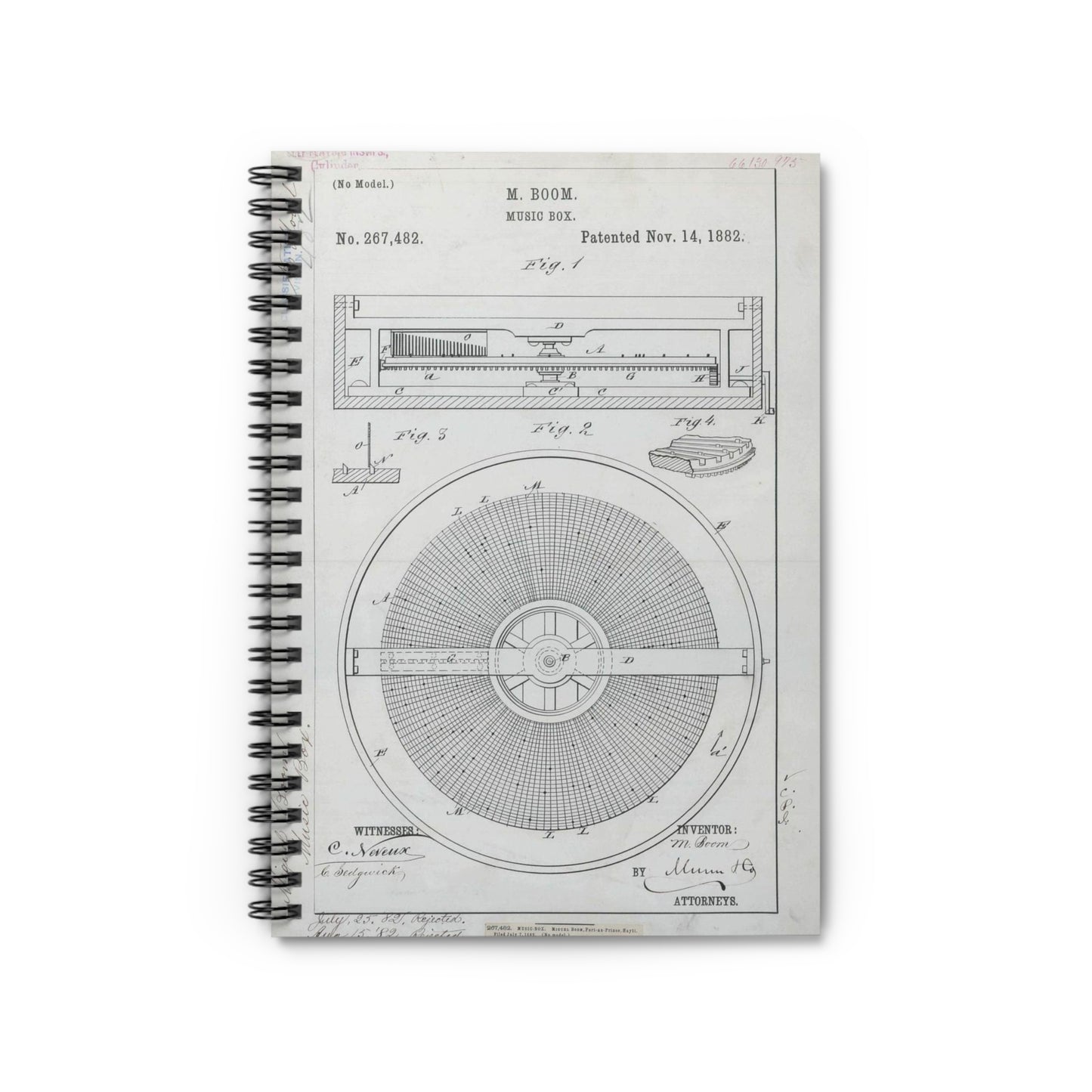 Patent Drawing of Engine - for M. Boom's Music Box Public domain image Spiral Bound Ruled Notebook with Printed Cover
