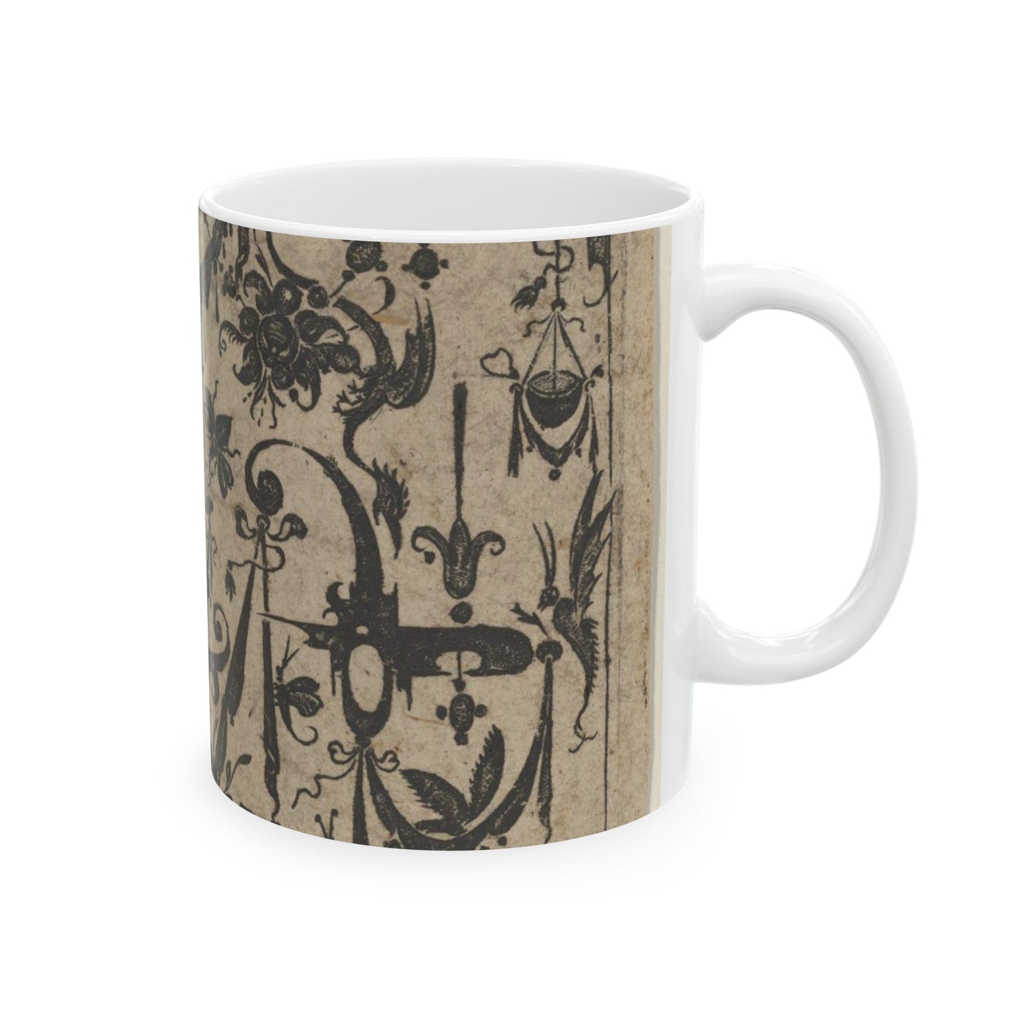 Blackwork Print with a Trophy at Center Surrounded by Grotesques and Swag Drapery Beautiful Novelty Ceramic Coffee Mug 11oz