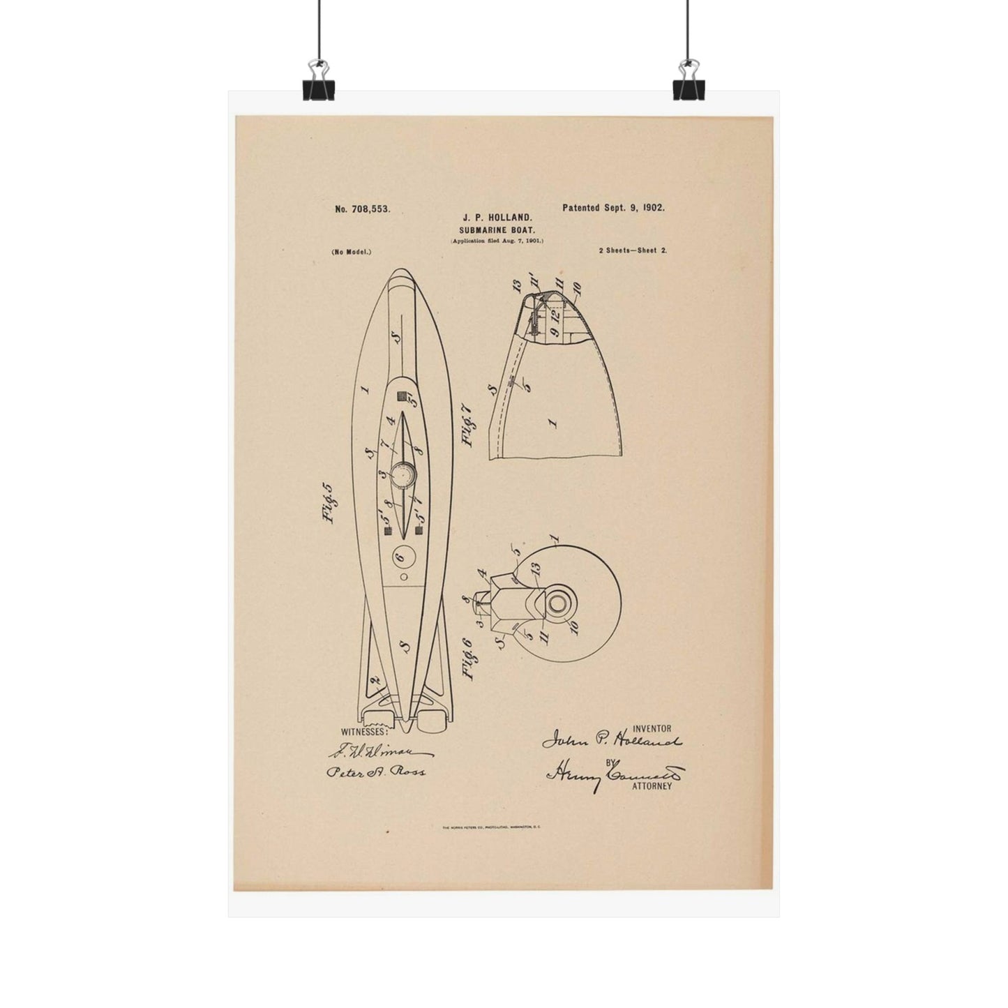 Patent drawing - Drawing for a Submarine Boat Public domain image High Quality Matte Wall Art Poster for Home, Office, Classroom