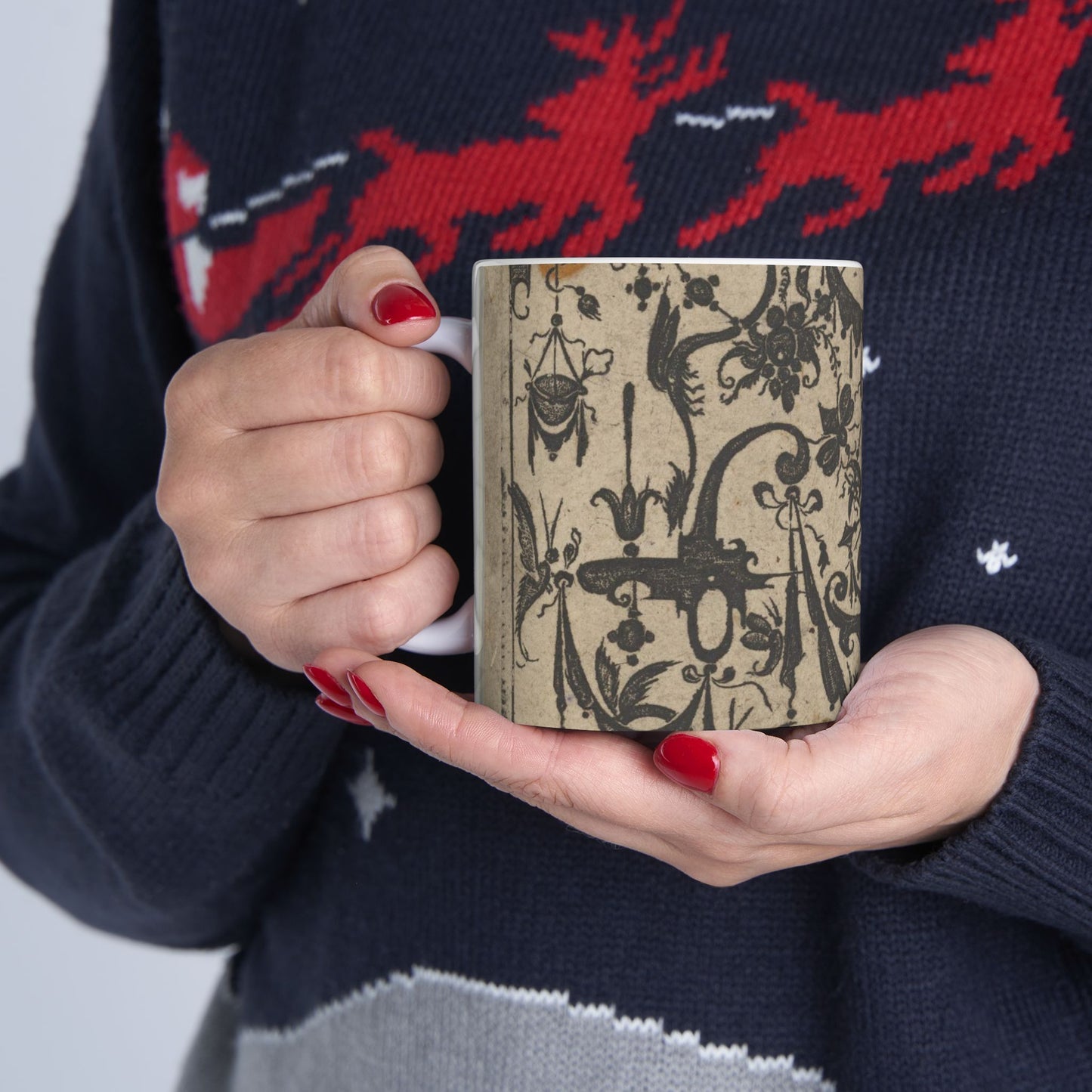 Blackwork Print with a Trophy at Center Surrounded by Grotesques and Swag Drapery Beautiful Novelty Ceramic Coffee Mug 11oz