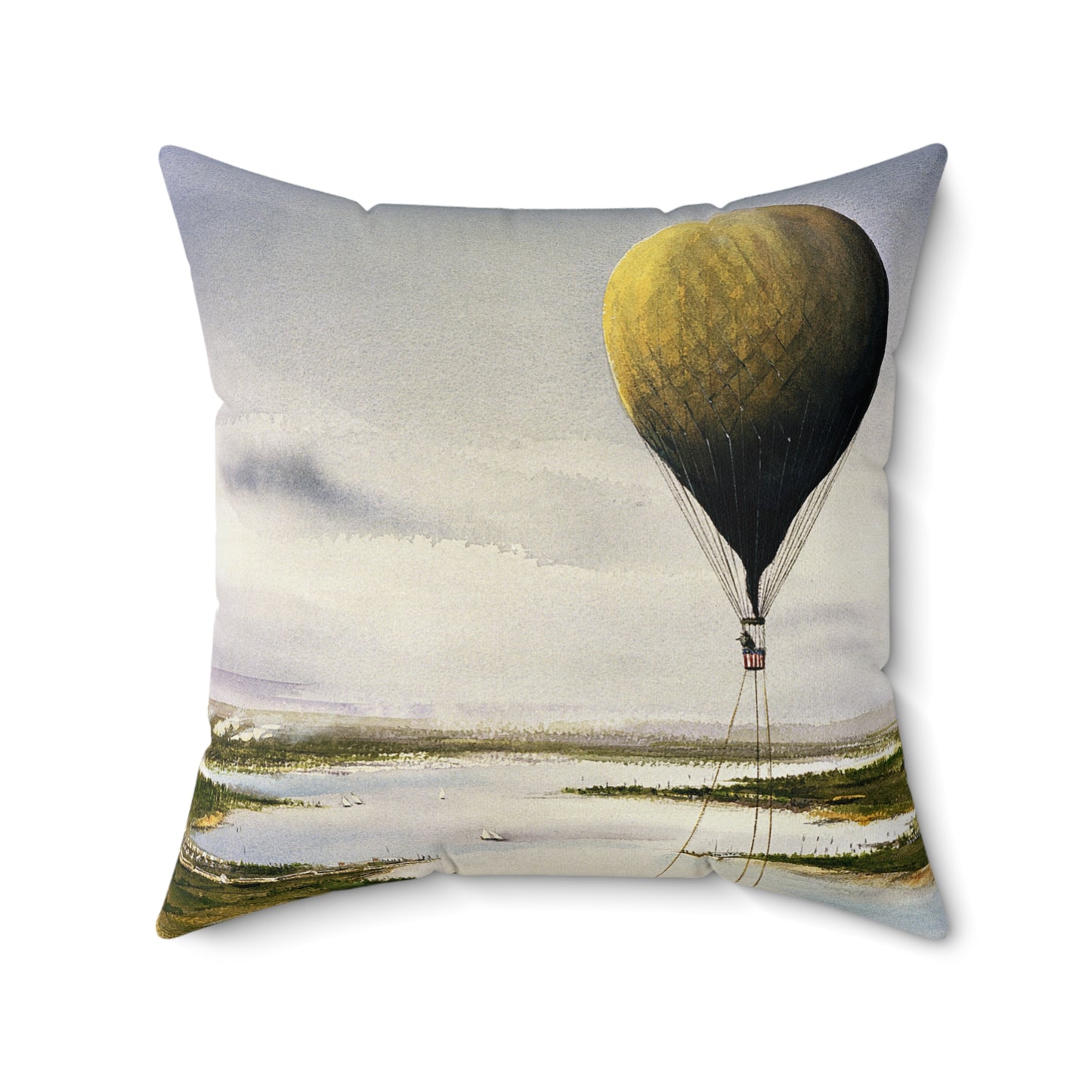 Artwork: "T.S.C. Lowe's Ballon Tethered at 1,000 Feet Above the York River in 1862". Artist: John McCoy Decorative Accent Square Pillow