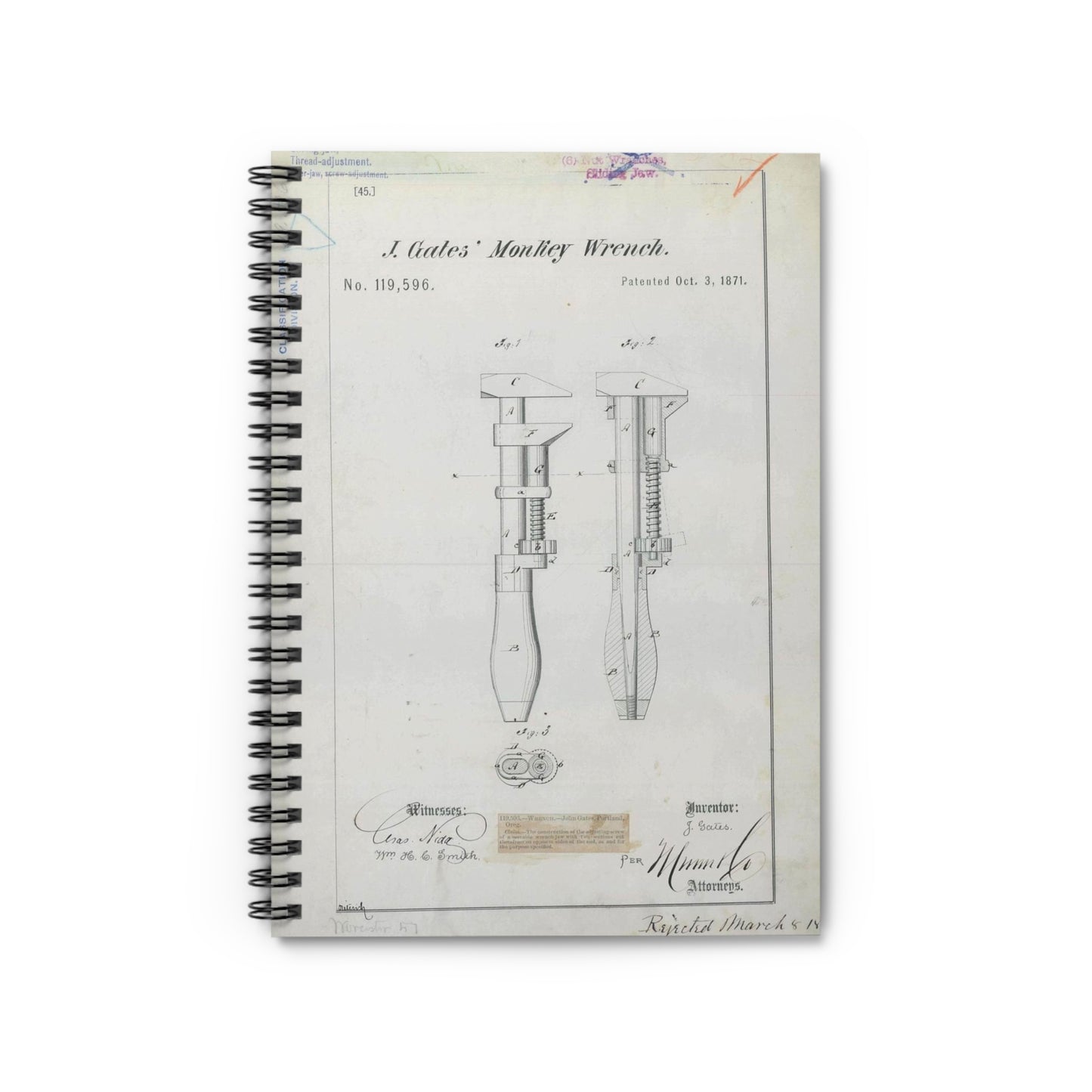 Patent Drawing of Engine - for J. Gates' Monkey Wrench Public domain image Spiral Bound Ruled Notebook with Printed Cover