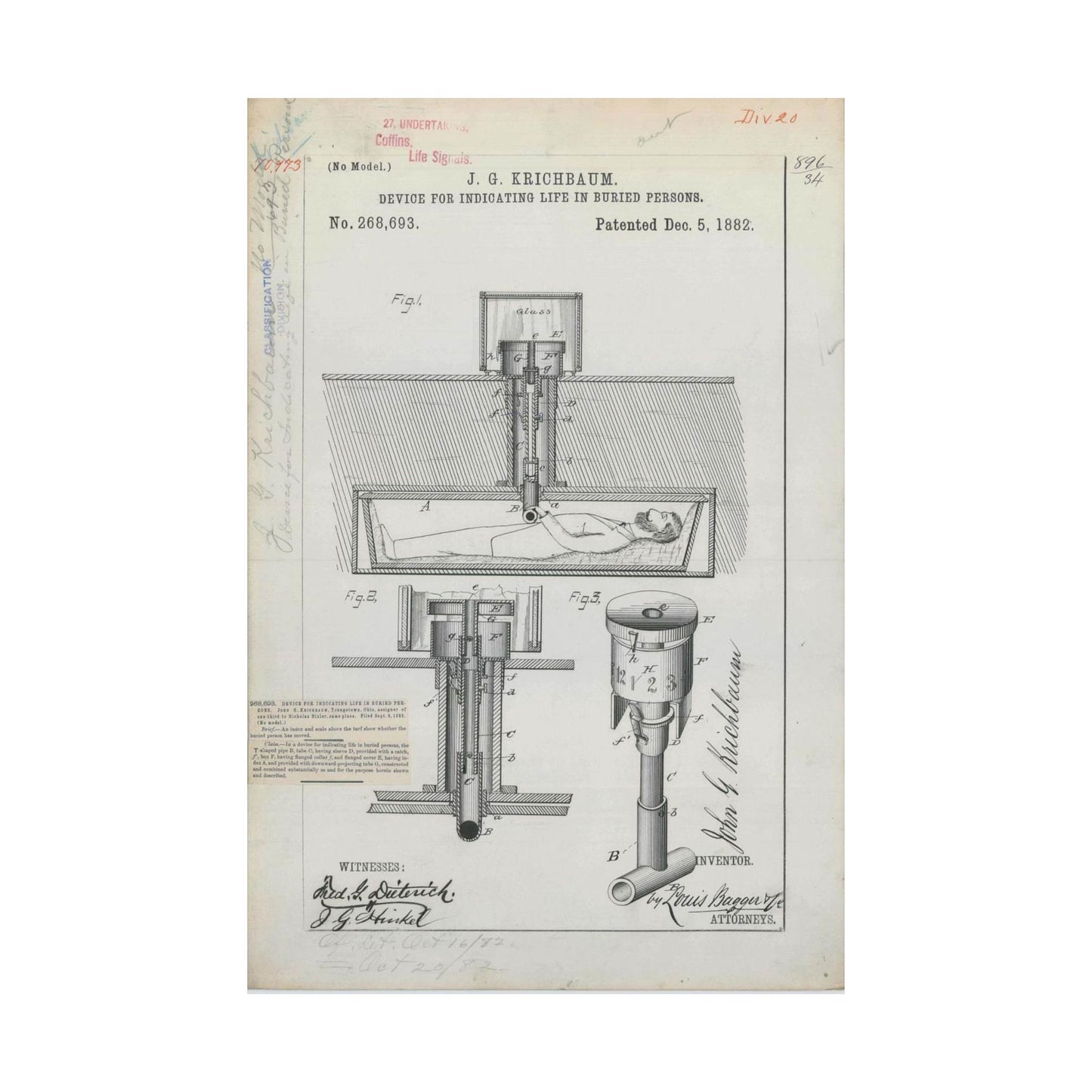 Patent drawing - for J. G. Krichbaum's Device for Indicating Life in Buried Persons Public domain image High Quality Matte Wall Art Poster for Home, Office, Classroom