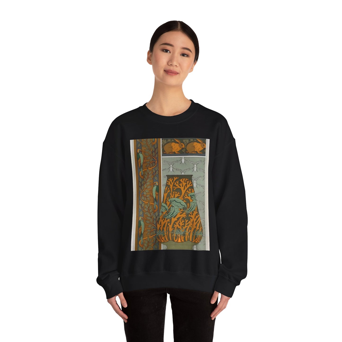 Piverts et arbre, bordure verticale. Lapins et feuilles, bordure. Méduses, anémones de mer et algues, vase. Insectes, jeu de fond. Black Heavy Blend Adult Crew Neck SweatShirt