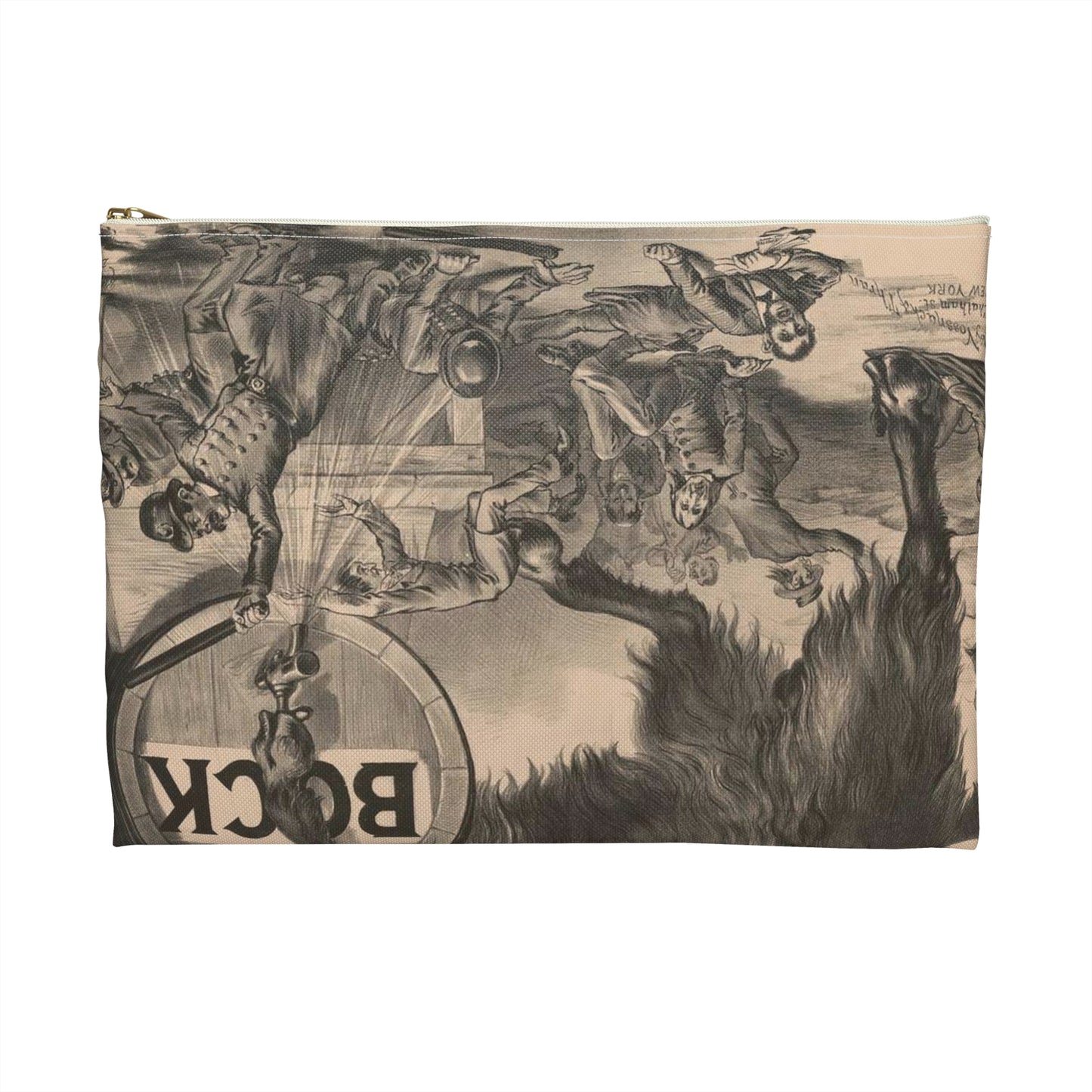 Giant bock goat resting on a keg, holding a mug of beer, men under the goat scrambling Large Organizer Pouch with Black Zipper