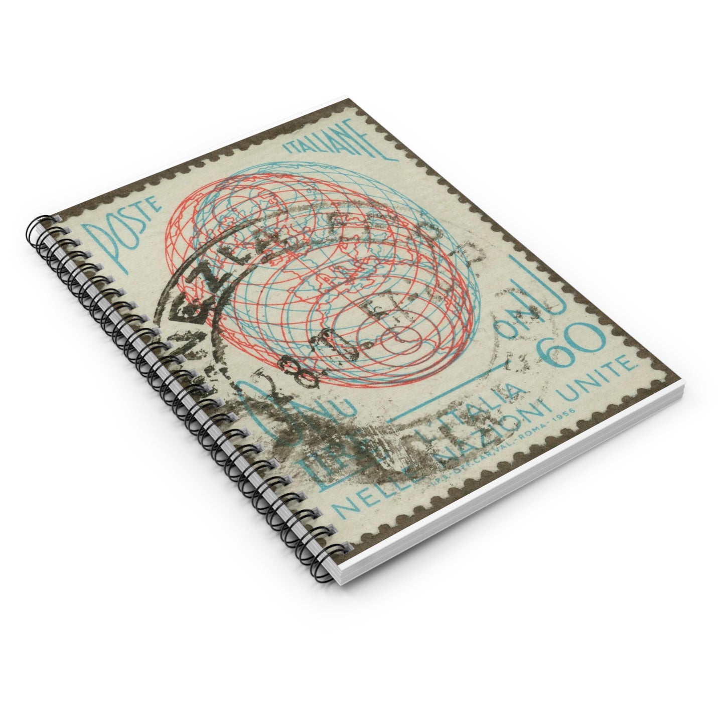 Frimärke ur Gösta Bodmans filatelistiska motivsamling, påbörjad 1950.Frimärke från Italien, 1956. Motiv av ellipsoidisk jordlob. "Italien ingår i F. N.". Spiral Bound Ruled Notebook with Printed Cover