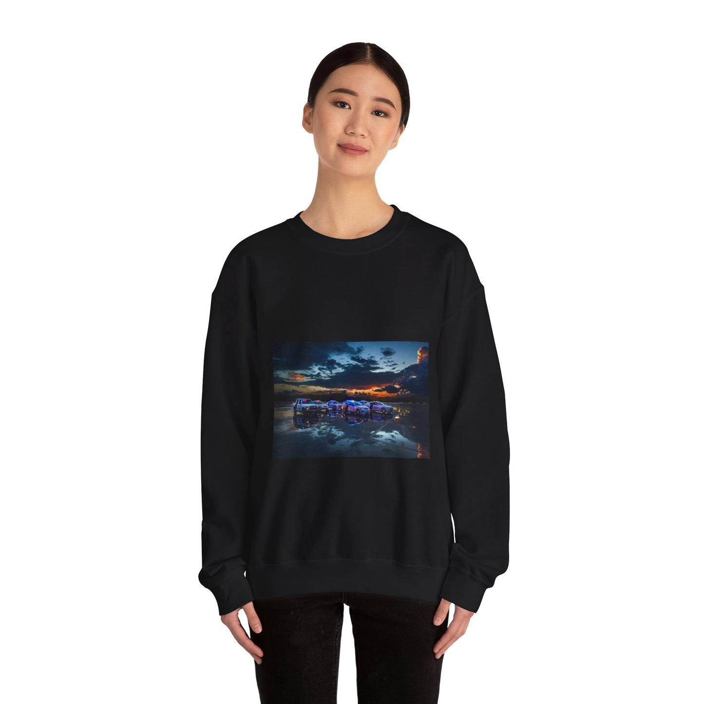 DHS Training Vehicles at Sunset in Glynco Georgia FLETC Black Heavy Blend Adult Crew Neck SweatShirt