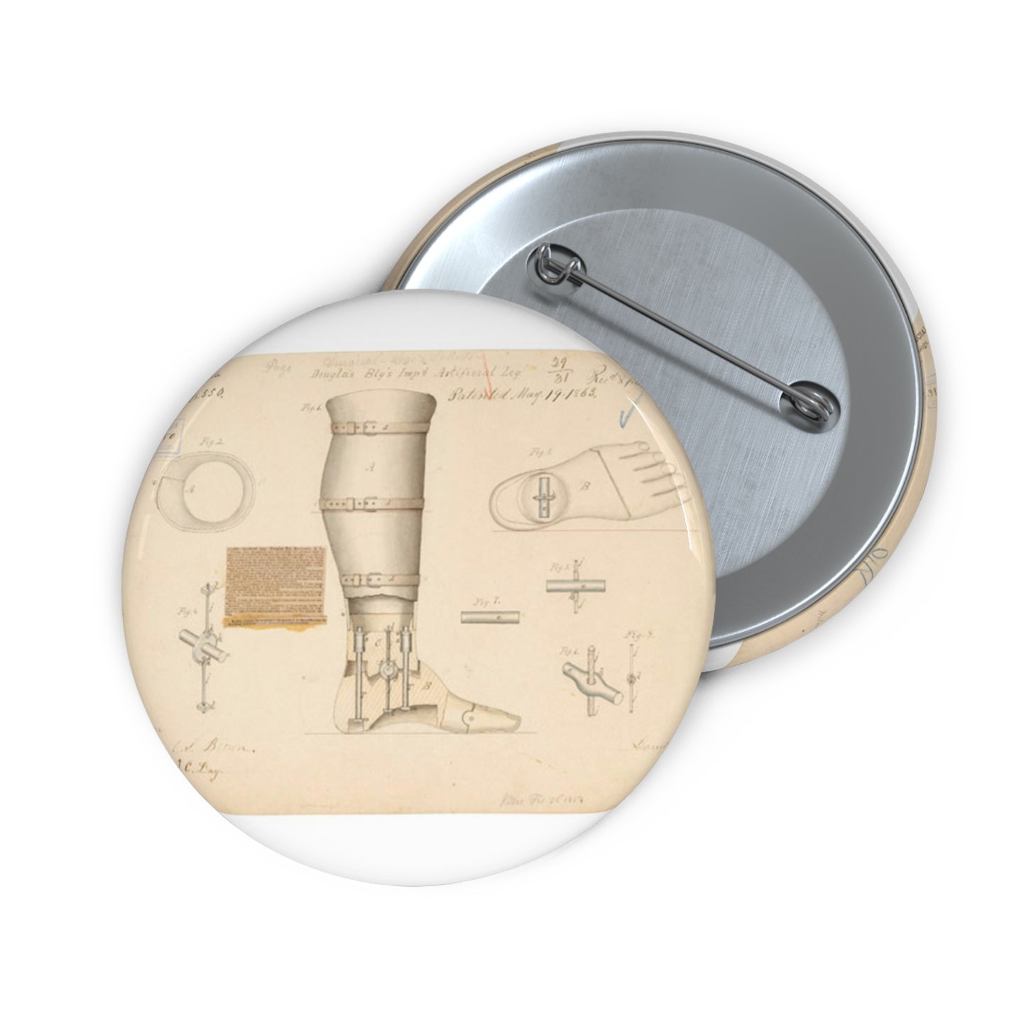 Patent drawing - Drawing of Improved Artificial Leg Public domain image Pin Buttons with Crisp Design