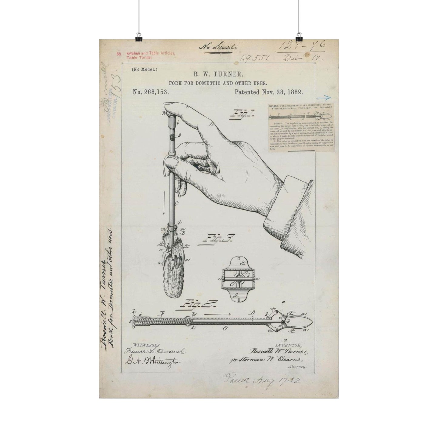 Patent drawing - for R. W. Turner's Fork for Domestic and Other Uses Public domain image High Quality Matte Wall Art Poster for Home, Office, Classroom