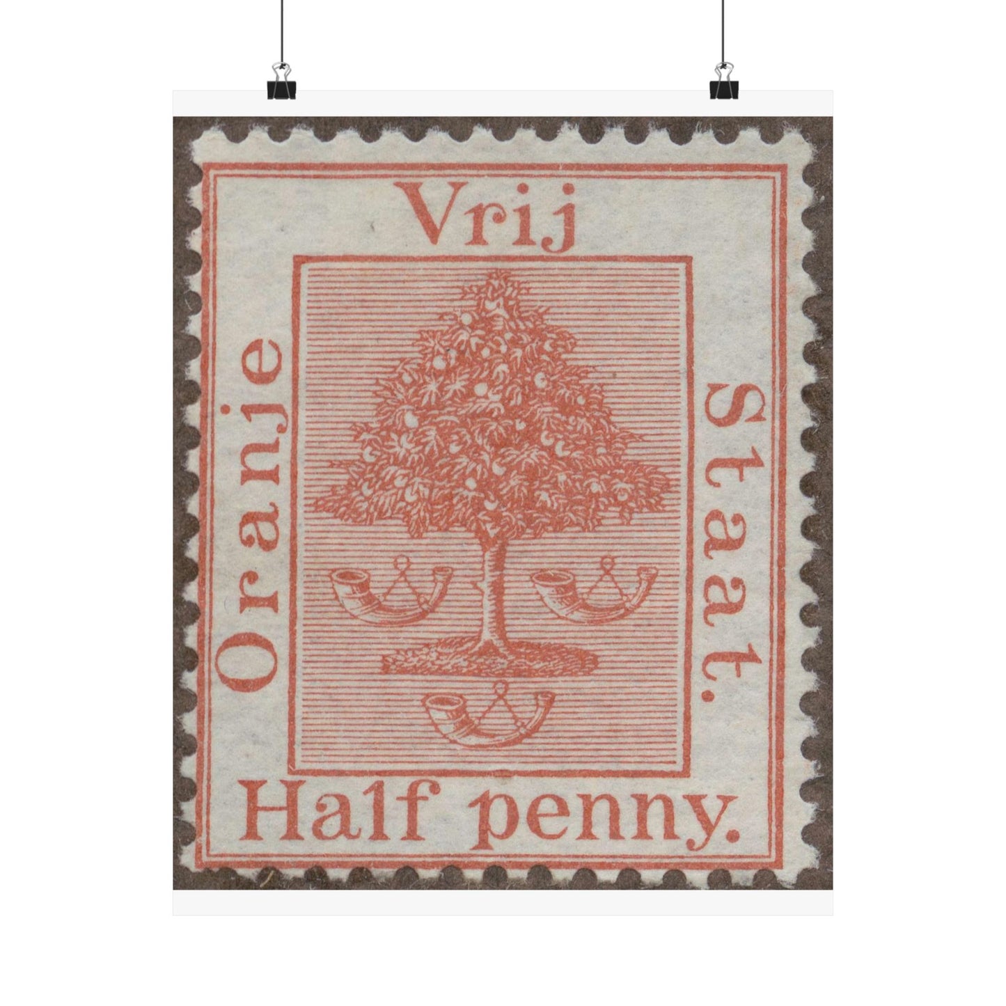Frimärke ur Gösta Bodmans filatelistiska motivsamling, påbörjad 1950.Frimärke från Oranje -Fristaten. Motiv av apelsinträd med frukter och posthorn. High Quality Matte Wall Art Poster for Home, Office, Classroom