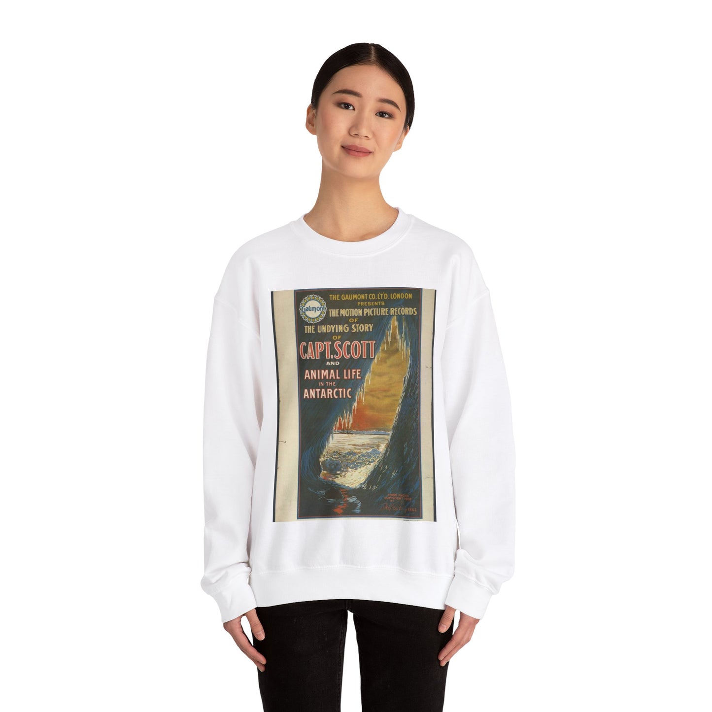 The Gaumont Co. L'T'D. London presents the motion picture records of the undying story of Capt. Scott and animal life in the Antarctic / The Morgan Lith. Co., Cleveland, O. White Heavy Blend Adult Crew Neck SweatShirt