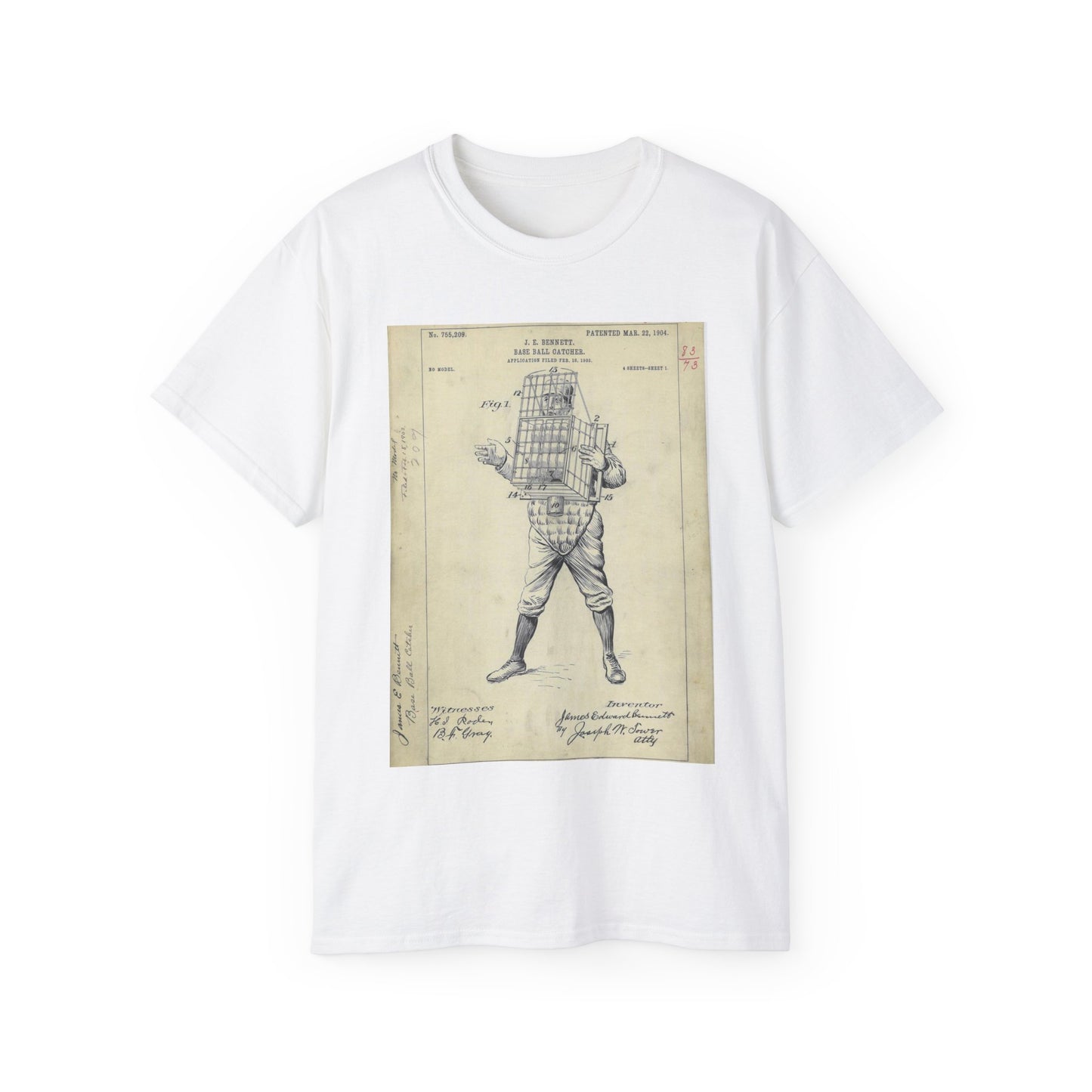 Patent drawing - Drawing of Equipment for a "Base Ball Catcher" Public domain image White T-Shirt Gildan 2000 Cotton Unisex