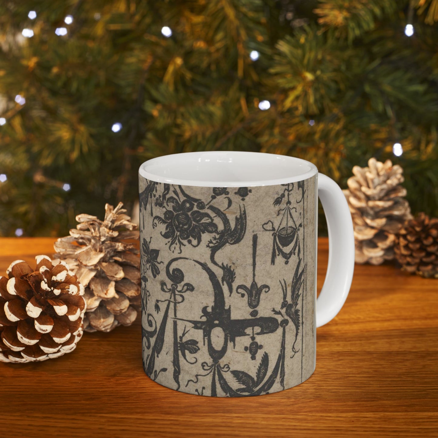 Blackwork Print with a Trophy at Center Surrounded by Grotesques and Swag Drapery Beautiful Novelty Ceramic Coffee Mug 11oz