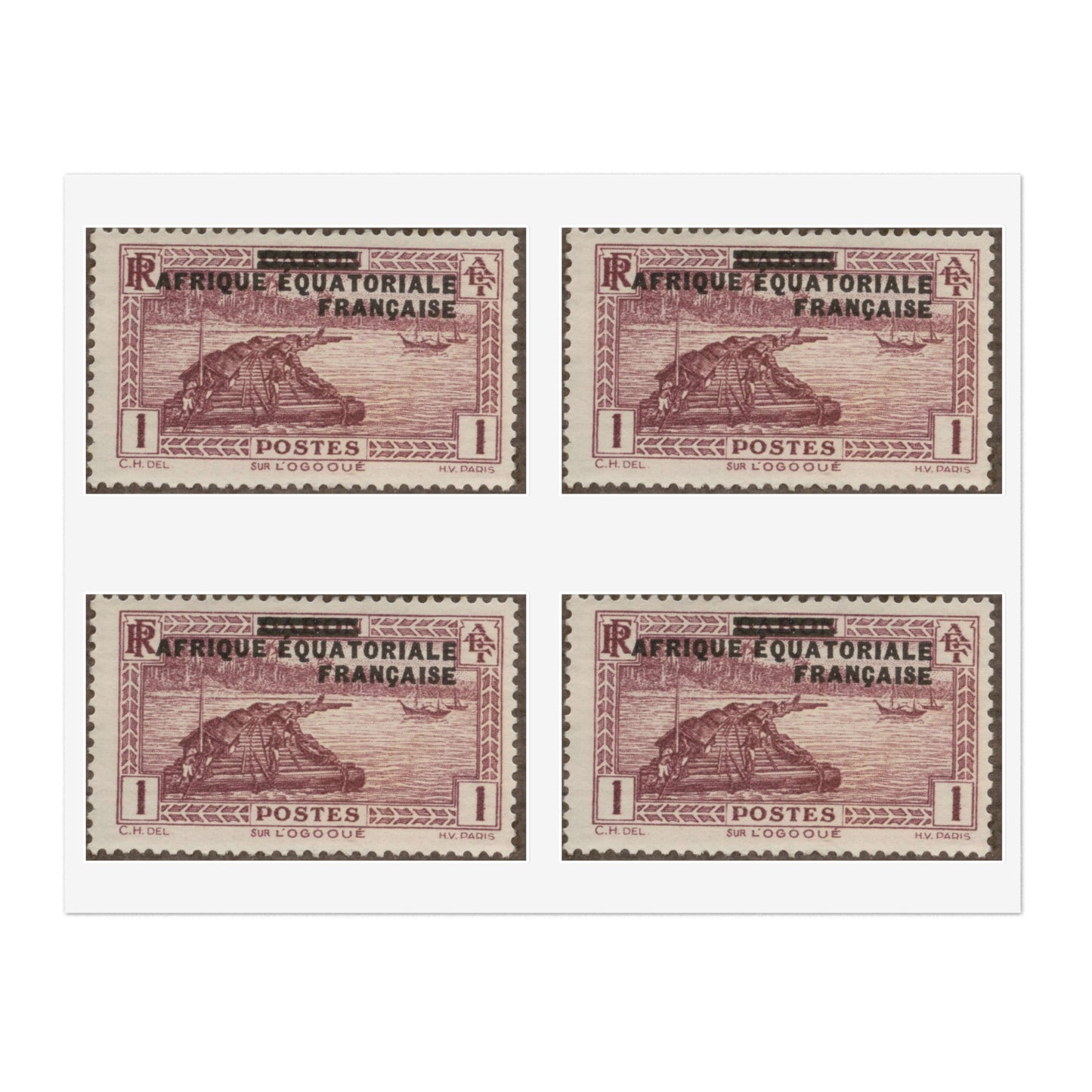 Frimärke ur Gösta Bodmans filatelistiska motivsamling, påbörjad 1950.Frimärke från Franska Ekvatorialafrika, 1936. Motiv av verkestransport vid floden L'Ogooué, Franska Kongo, Laminated UV Protective Vinyl Stickers