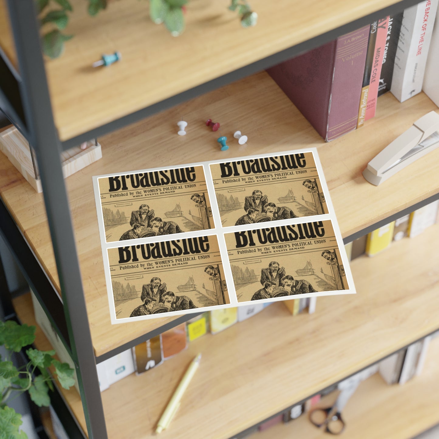 Votes for Women Broadside with graphic of men rocking cradle Laminated UV Protective Vinyl Stickers