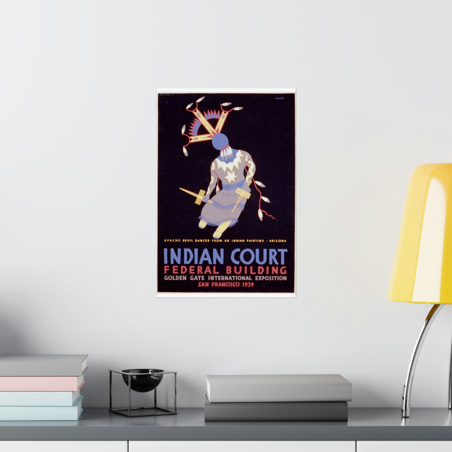 Indian court, Federal Building, Golden Gate International Exposition, San Francisco, 1939 Apache devil dancer from an Indian painting, Arizona / / Siegriest. High Quality Matte Wall Art Poster for Home, Office, Classroom