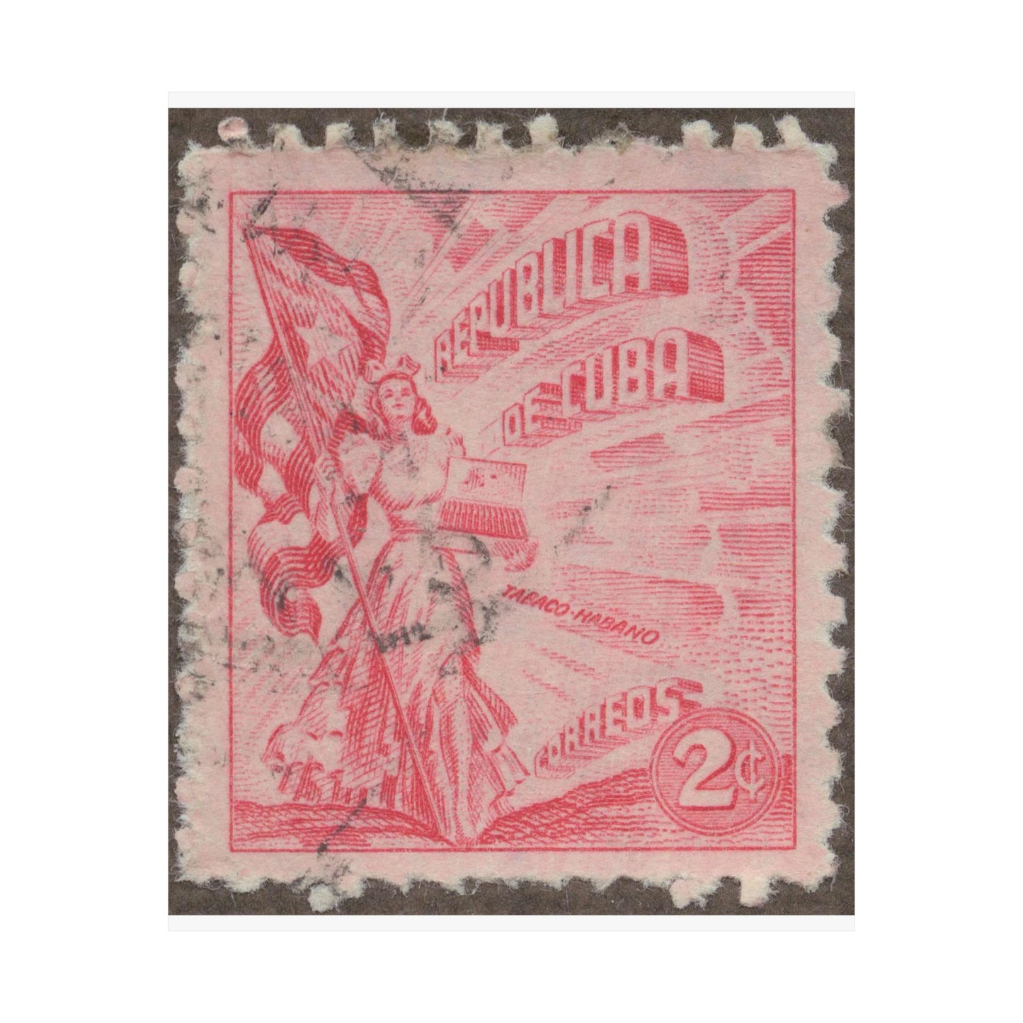 Frimärke ur Gösta Bodmans filatelistiska motivsamling, påbörjad 1950.Frimärke från Cuba, 1948. Motiv av kvinnosymbol för friheten med cigrarrlåda och flagga. High Quality Matte Wall Art Poster for Home, Office, Classroom