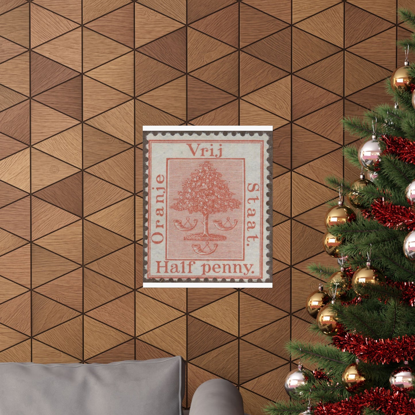 Frimärke ur Gösta Bodmans filatelistiska motivsamling, påbörjad 1950.Frimärke från Oranje -Fristaten. Motiv av apelsinträd med frukter och posthorn. High Quality Matte Wall Art Poster for Home, Office, Classroom