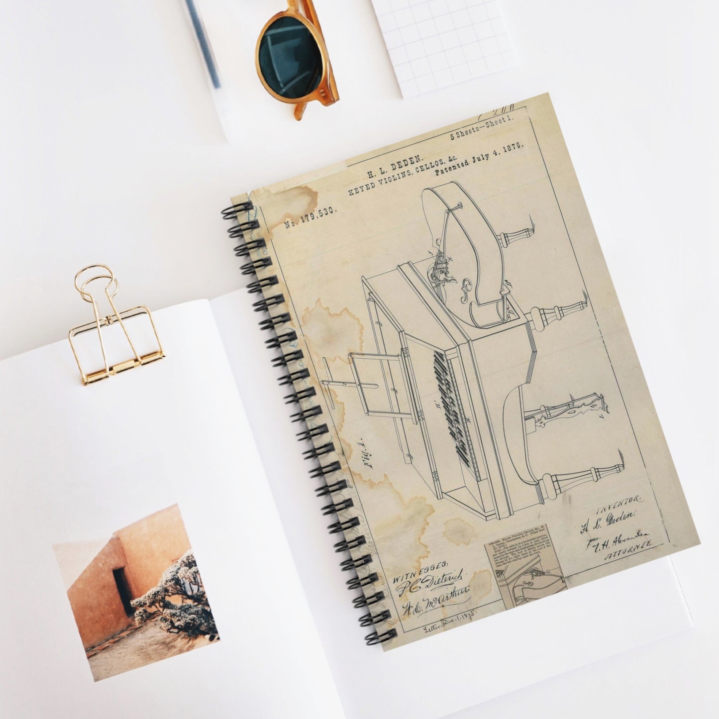 Patent drawing - for H. L. Deden's Keyed Violins, Cellos, Etc. Public domain image Spiral Bound Ruled Notebook with Printed Cover
