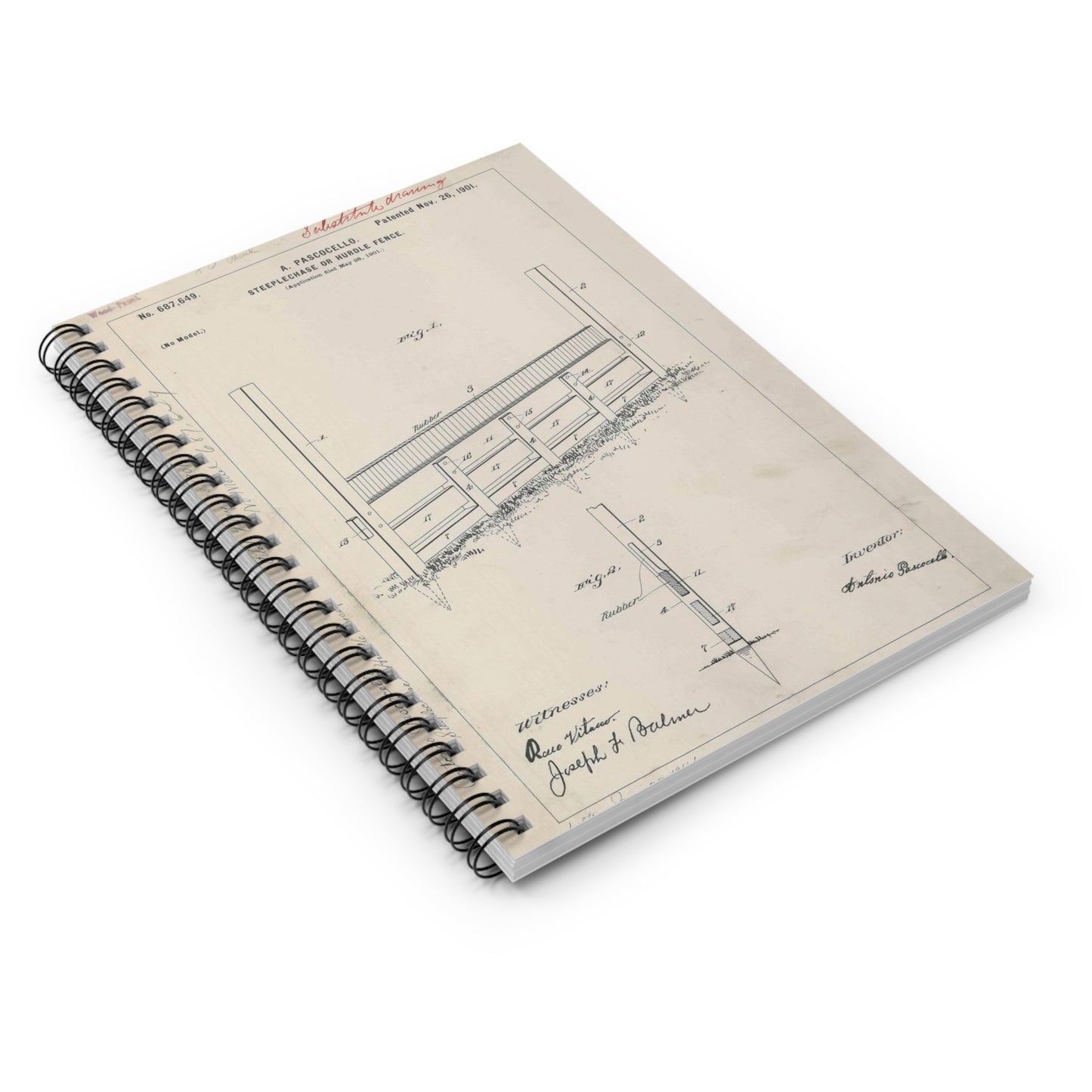 Patent Drawing of Engine - for A. Pascocello' Steeplechase or Hurdle Fence Public domain image Spiral Bound Ruled Notebook with Printed Cover