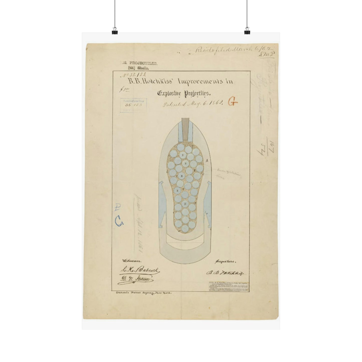 Patent drawing - Drawing of Improvements in Explosive Projectiles Public domain image High Quality Matte Wall Art Poster for Home, Office, Classroom