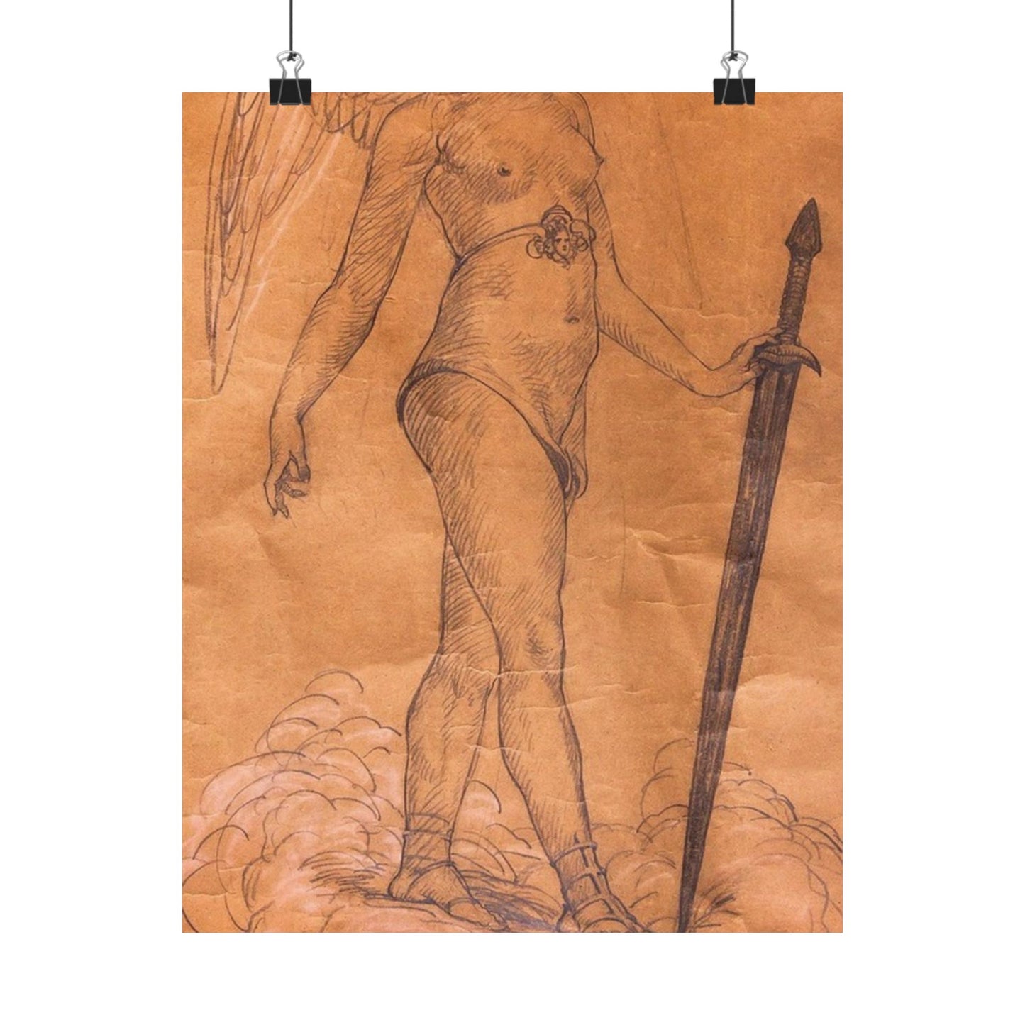 A drawing of an angel holding a sword. Woman breasts sword, beauty fashion. High Quality Matte Wall Art Poster for Home, Office, Classroom