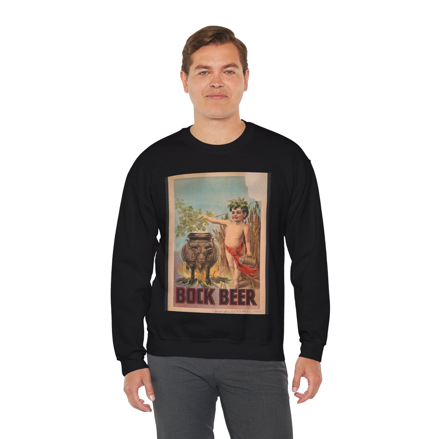 Bock beer boy standing to the right of a vat, which is inscribed hops malt, holding hops over the vat Black Heavy Blend Adult Crew Neck SweatShirt