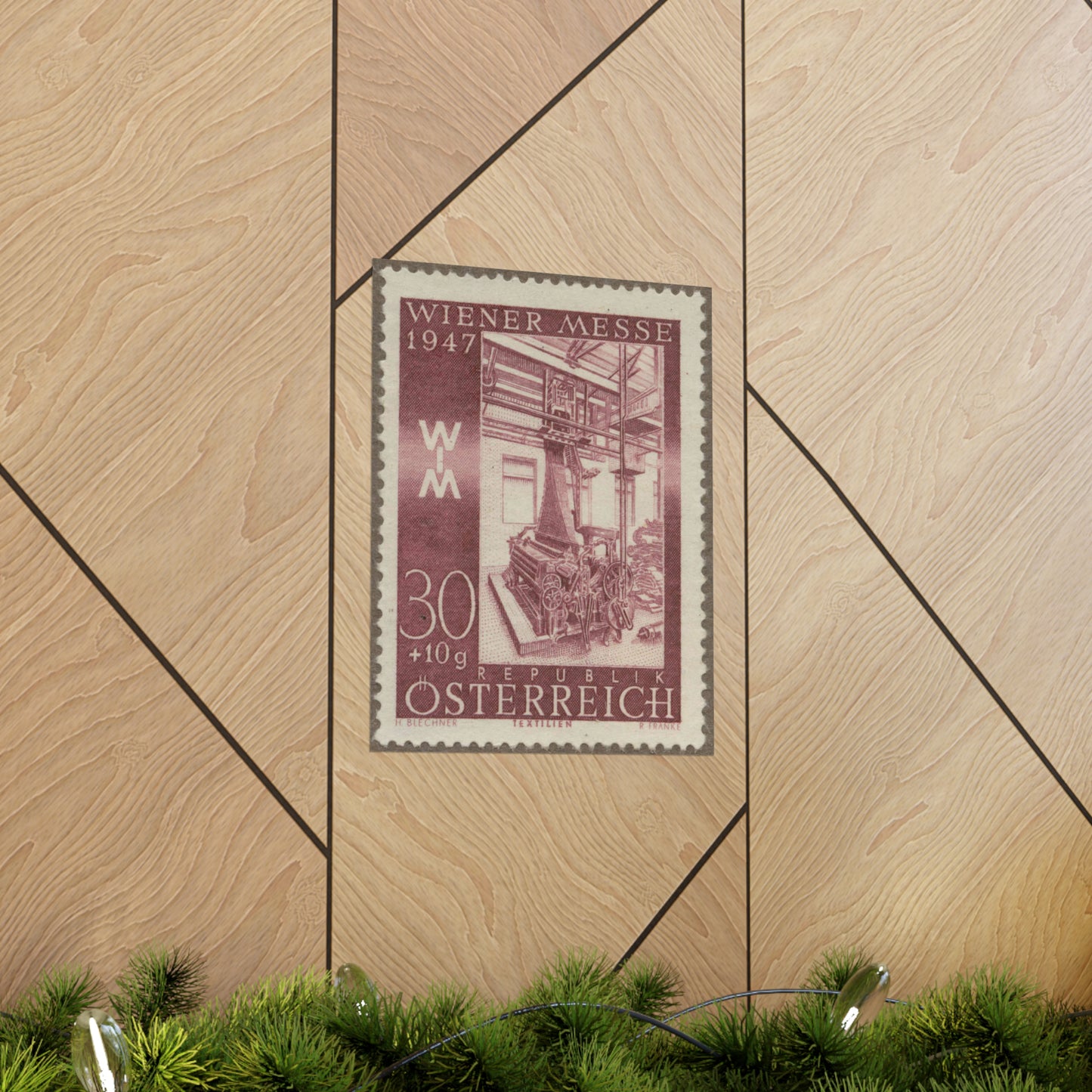 Frimärke ur Gösta Bodmans filatelistiska motivsamling, påbörjad 1950.Frimärke från Österrike, 1947. Motiv av jacquardvävstol i Österrike 1947. "Wienermässan 1947" High Quality Matte Wall Art Poster for Home, Office, Classroom