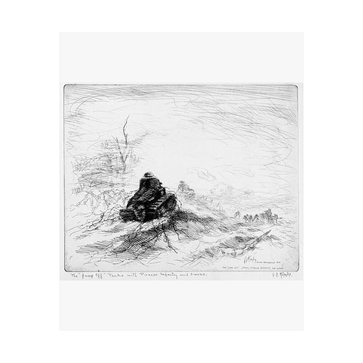 Artwork: "The 'Jump off' Tanks with Pioneer Infantry and Smoke". Artist: Lester Hornby, Bantheville, France 1918. Catalog Number: G.7.1.81 High Quality Matte Wall Art Poster for Home, Office, Classroom