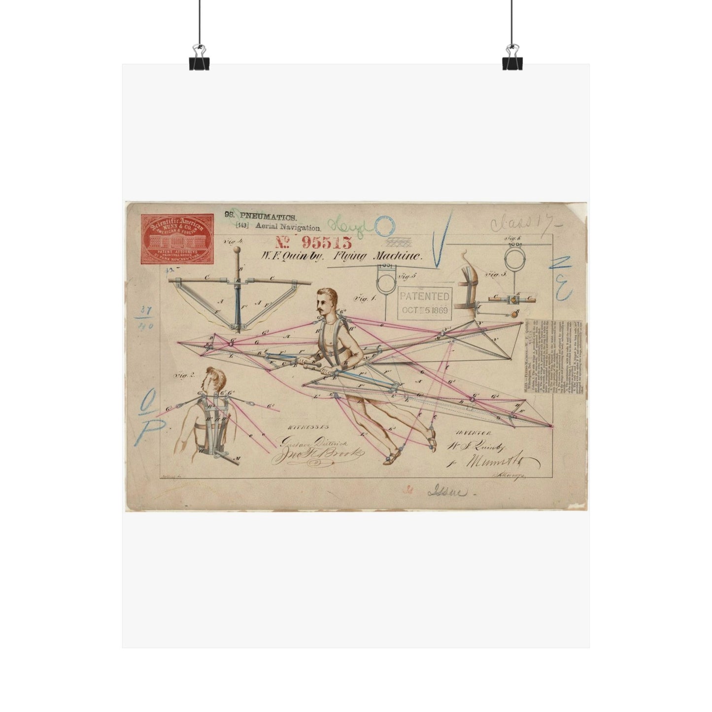 Patent drawing - for a Flying Machine Public domain image High Quality Matte Wall Art Poster for Home, Office, Classroom