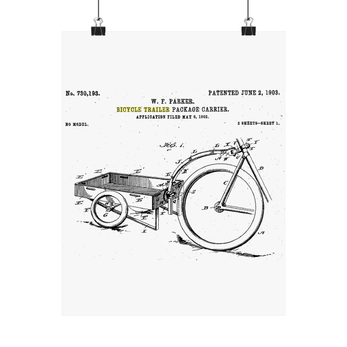 Patent Drawing of Engine - Bicycle Trailer Patent (1903) Public domain image High Quality Matte Wall Art Poster for Home, Office, Classroom