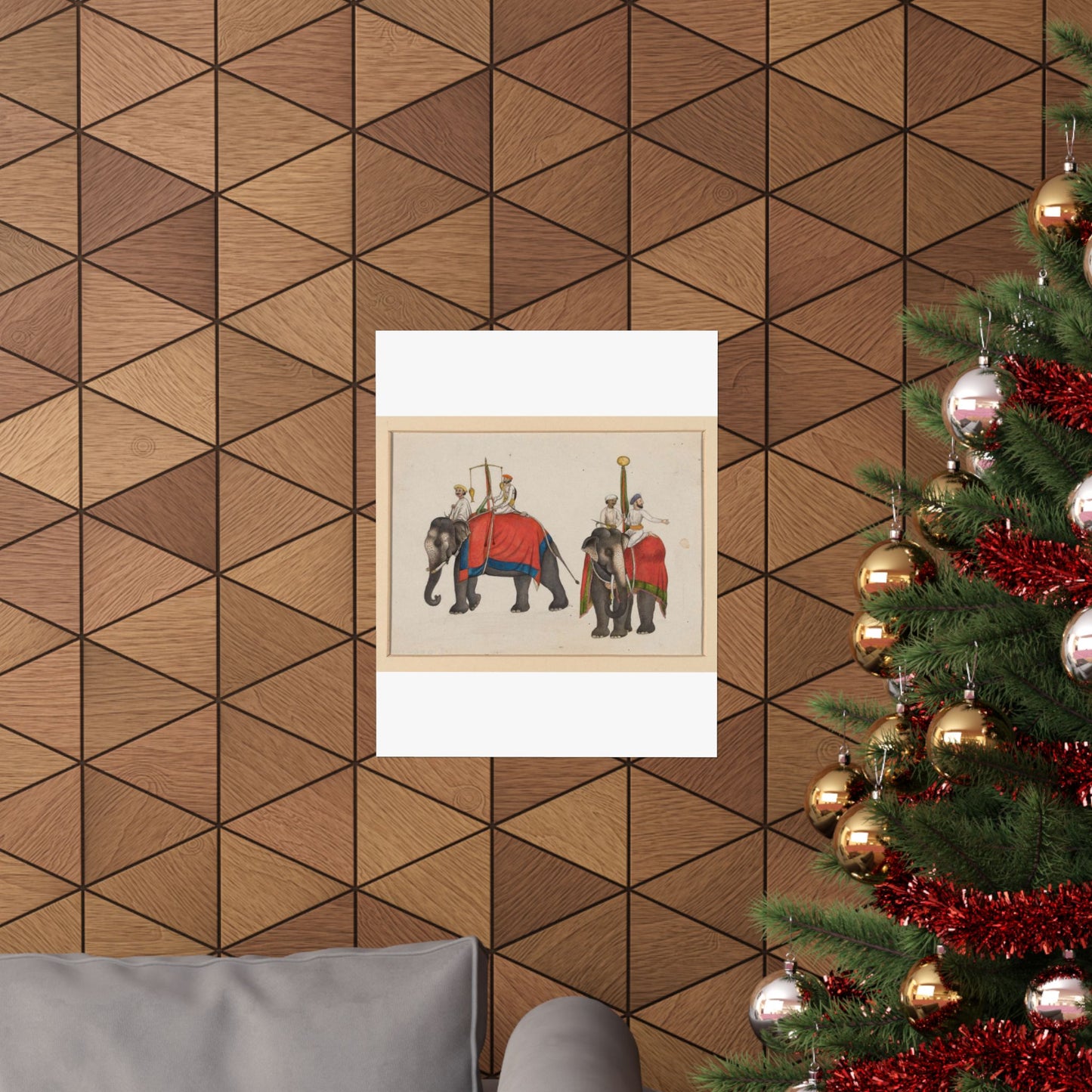 Two elephants carrying the fish and sun insignia of Mughal sovereignty High Quality Matte Wall Art Poster for Home, Office, Classroom