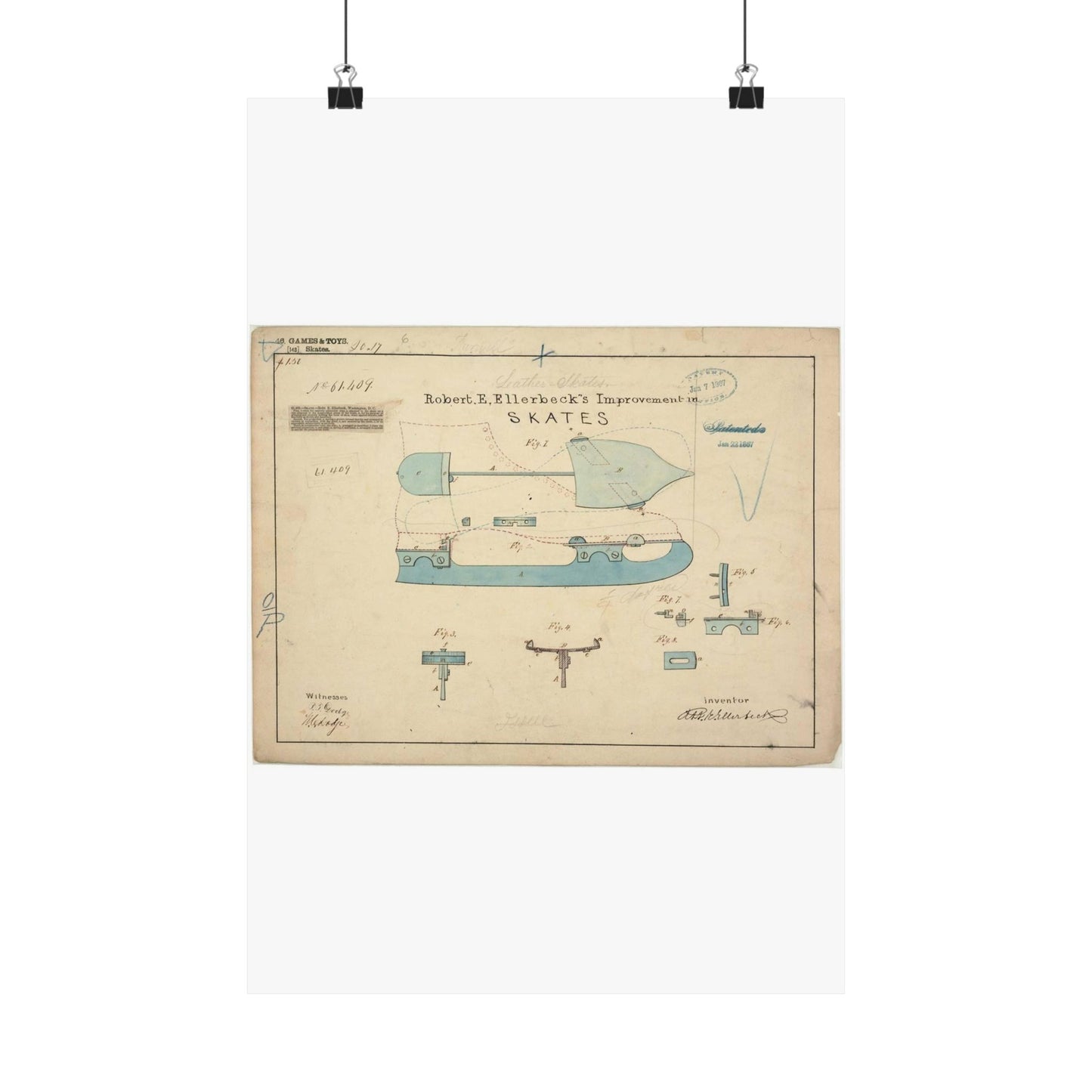 Patent drawing - Drawing of Improvement in Skates Public domain image High Quality Matte Wall Art Poster for Home, Office, Classroom