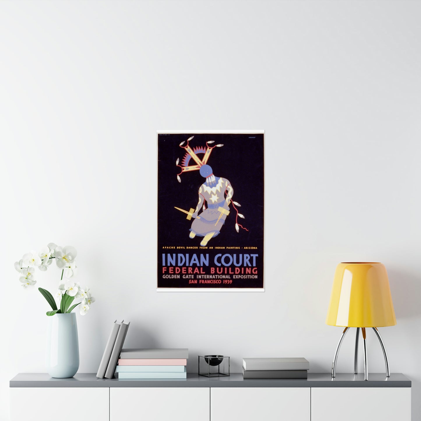 Indian court, Federal Building, Golden Gate International Exposition, San Francisco, 1939 Apache devil dancer from an Indian painting, Arizona / / Siegriest. High Quality Matte Wall Art Poster for Home, Office, Classroom