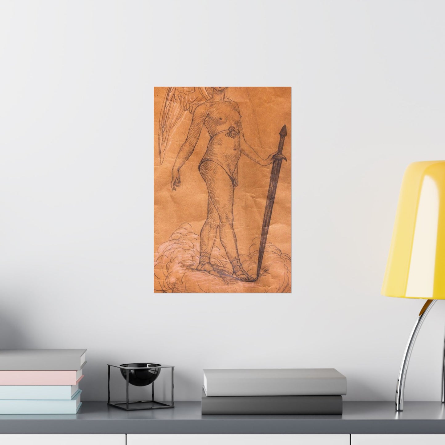 A drawing of an angel holding a sword. Woman breasts sword, beauty fashion. High Quality Matte Wall Art Poster for Home, Office, Classroom