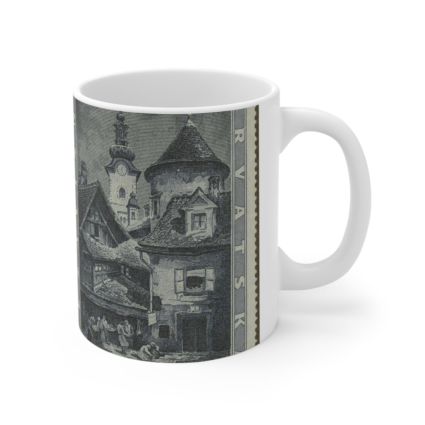 Frimärke ur Gösta Bodmans filatelistiska motivsamling, påbörjad 1950.Frimärke från Kroatien, 1943. Motiv av kyrkan St. Marie och Cistercienserklostret år 1950. "Till Filateliutställningen i Zagreb 1943". Beautiful Novelty Ceramic Coffee Mug 11oz