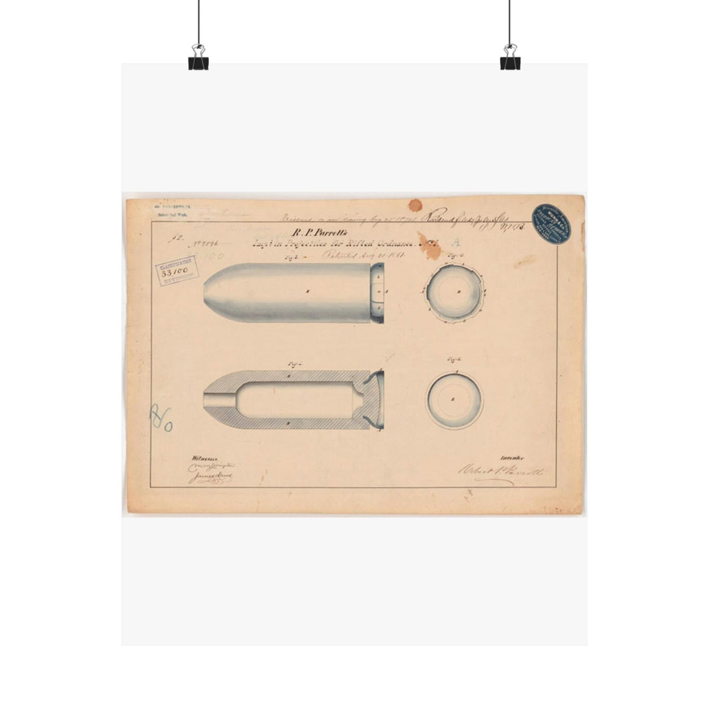 Patent drawing - Drawing of Improvement in Projectiles for Rifled Ordnance Public domain image High Quality Matte Wall Art Poster for Home, Office, Classroom