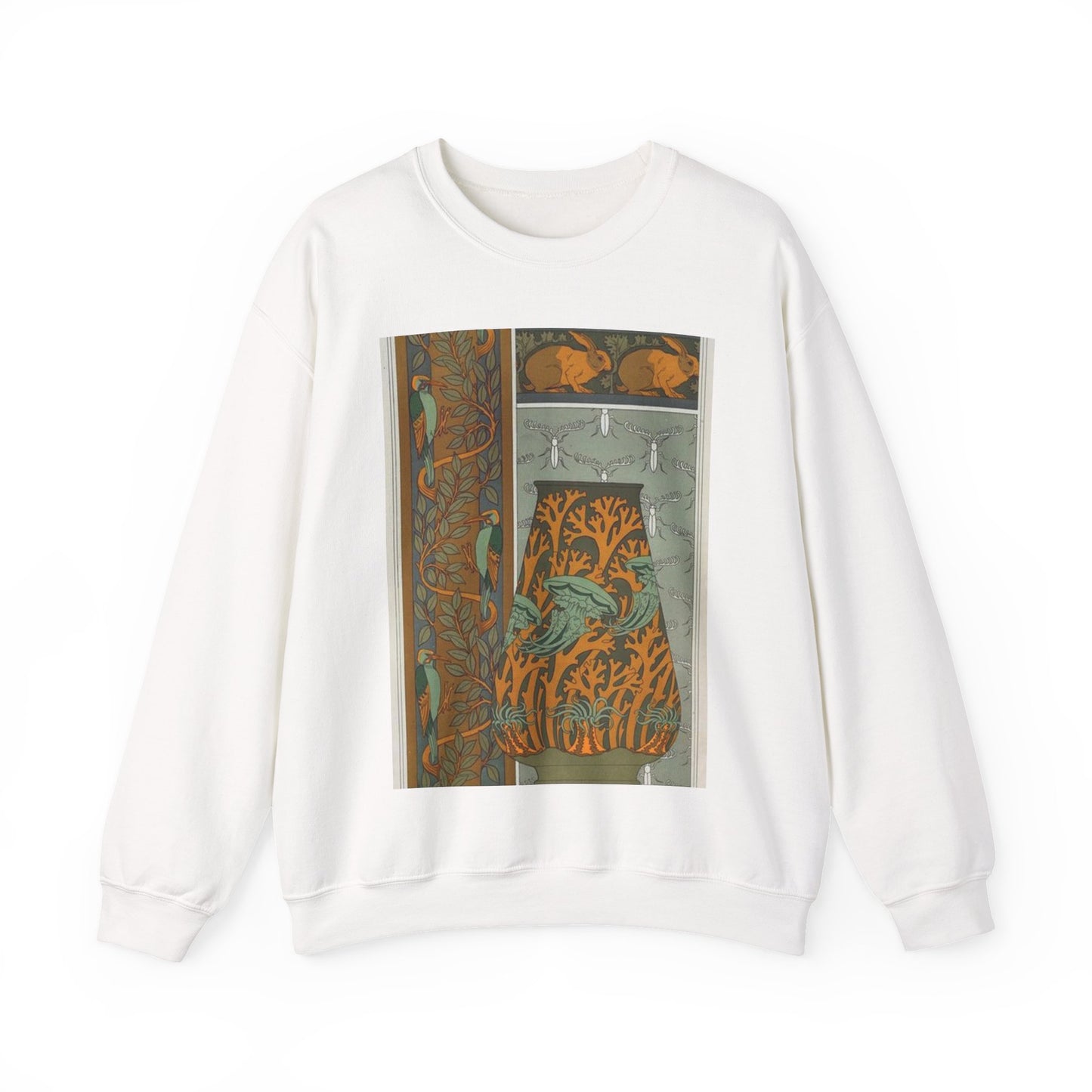 Piverts et arbre, bordure verticale. Lapins et feuilles, bordure. Méduses, anémones de mer et algues, vase. Insectes, jeu de fond. White Heavy Blend Adult Crew Neck SweatShirt