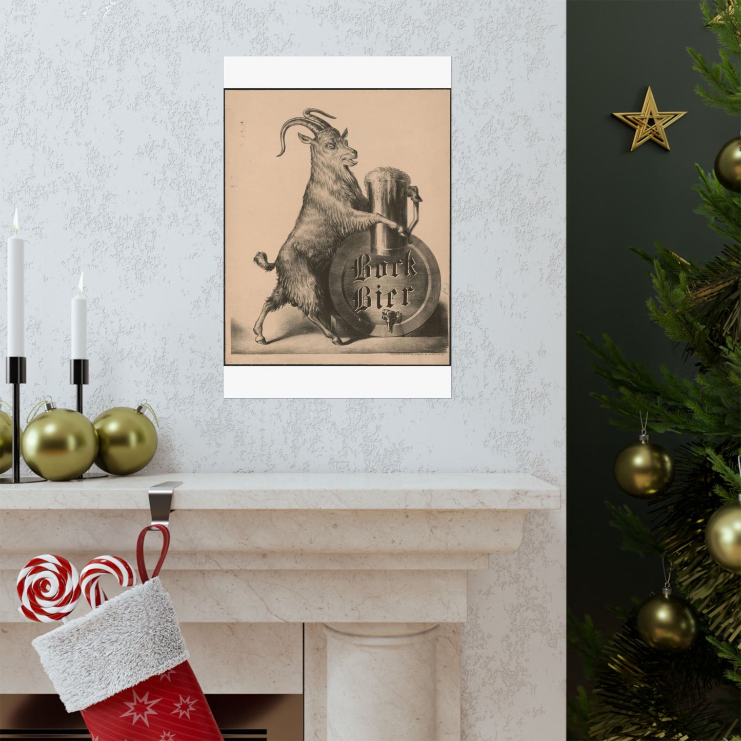 Bock Bier goat on hind legs, holding large mug of beer with front hooves High Quality Matte Wall Art Poster for Home, Office, Classroom