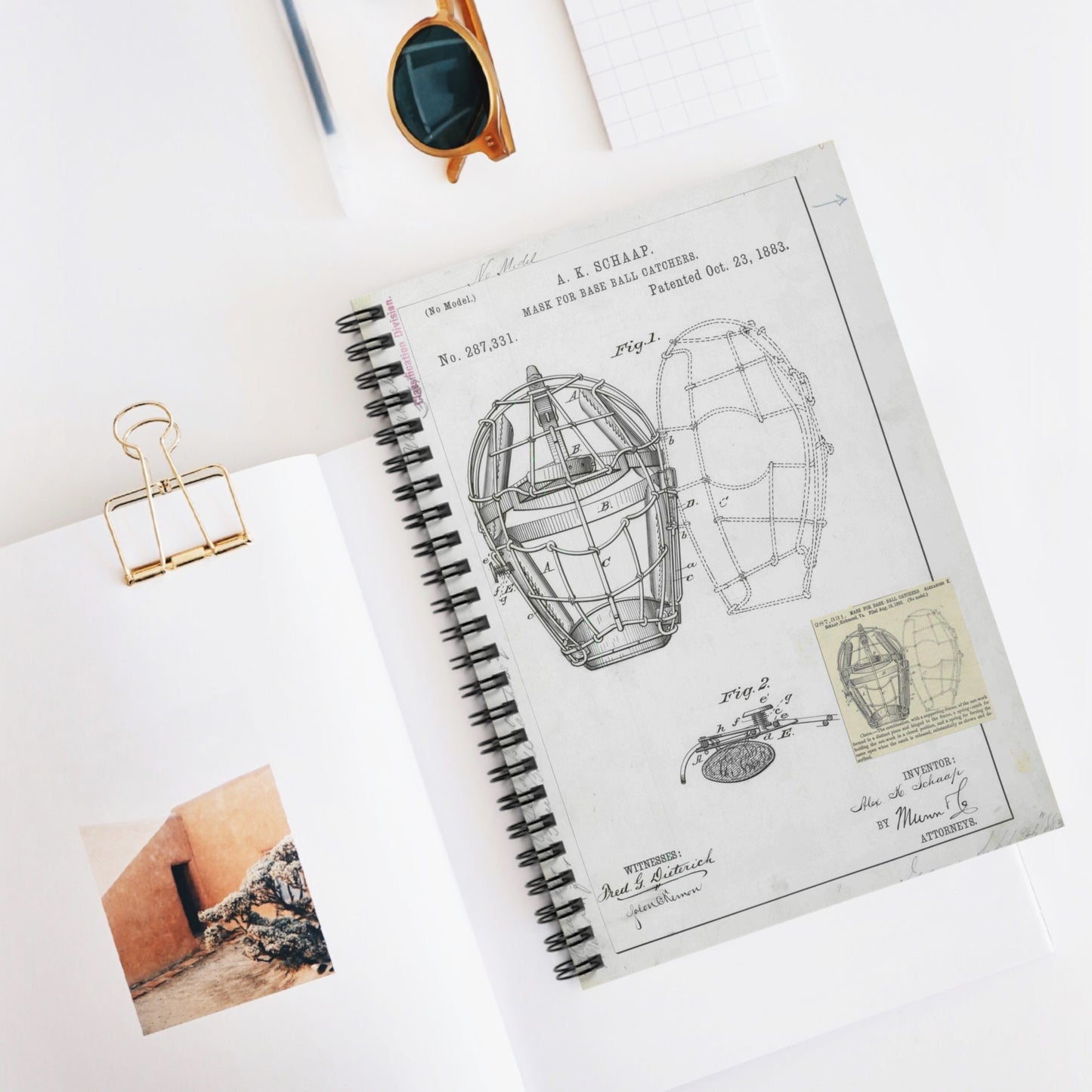 Patent drawing - Drawing of a "Mask for Base Ball Catchers" Public domain image Spiral Bound Ruled Notebook with Printed Cover