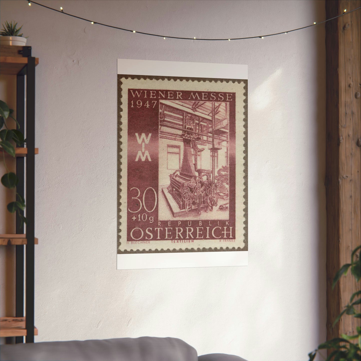 Frimärke ur Gösta Bodmans filatelistiska motivsamling, påbörjad 1950.Frimärke från Österrike, 1947. Motiv av jacquardvävstol i Österrike 1947. "Wienermässan 1947" High Quality Matte Wall Art Poster for Home, Office, Classroom