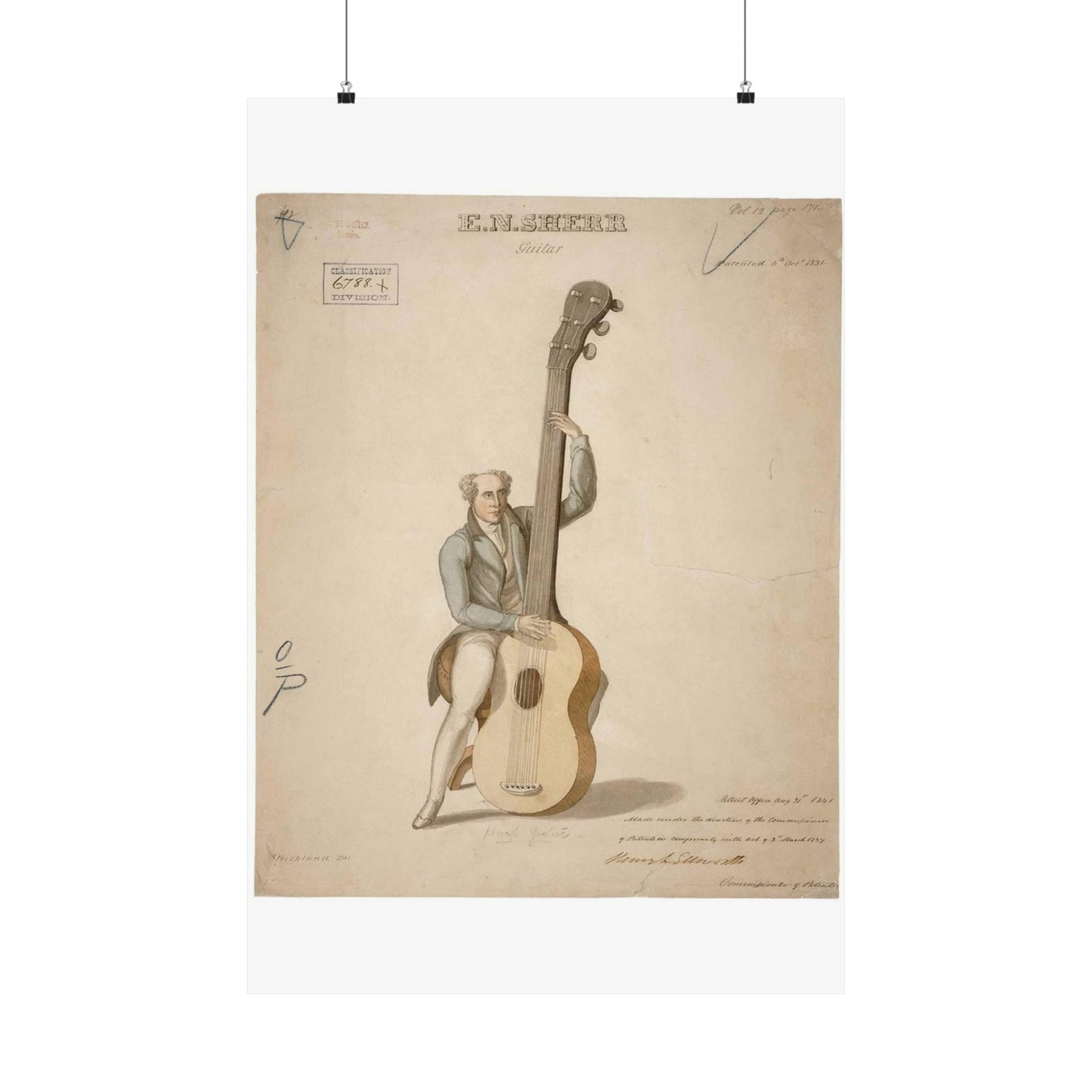 Patent drawing - Drawing of a Harp Guitar Public domain image High Quality Matte Wall Art Poster for Home, Office, Classroom