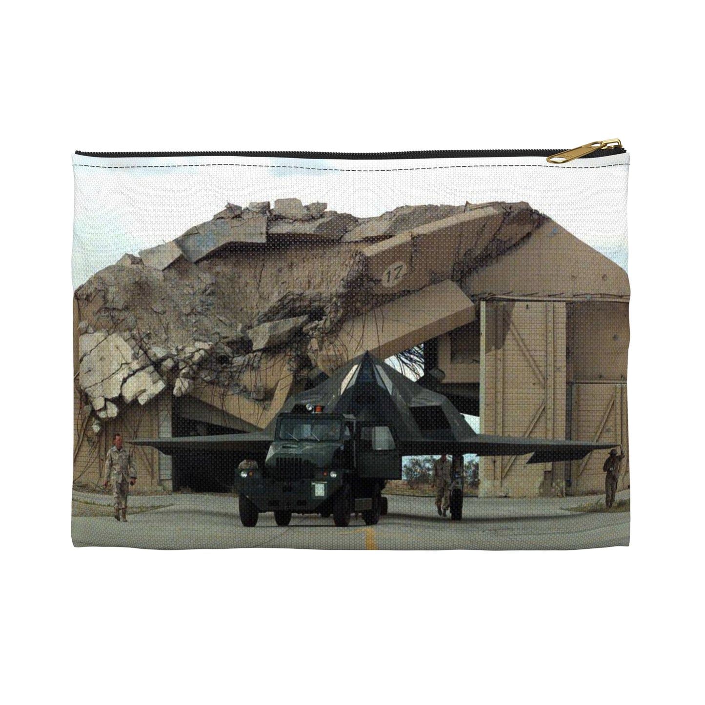 F-117A is towed in front of a destroyed aircraft shelter, Ahmed Al-Jaber Air Base, Kuwait, March 8, 1998 Large Organizer Pouch with Black Zipper