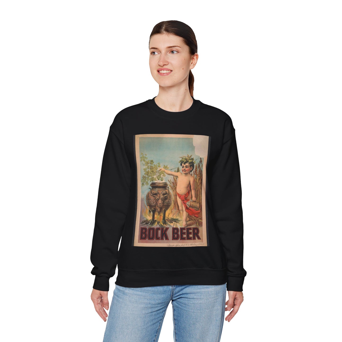 Bock beer boy standing to the right of a vat, which is inscribed hops malt, holding hops over the vat Black Heavy Blend Adult Crew Neck SweatShirt