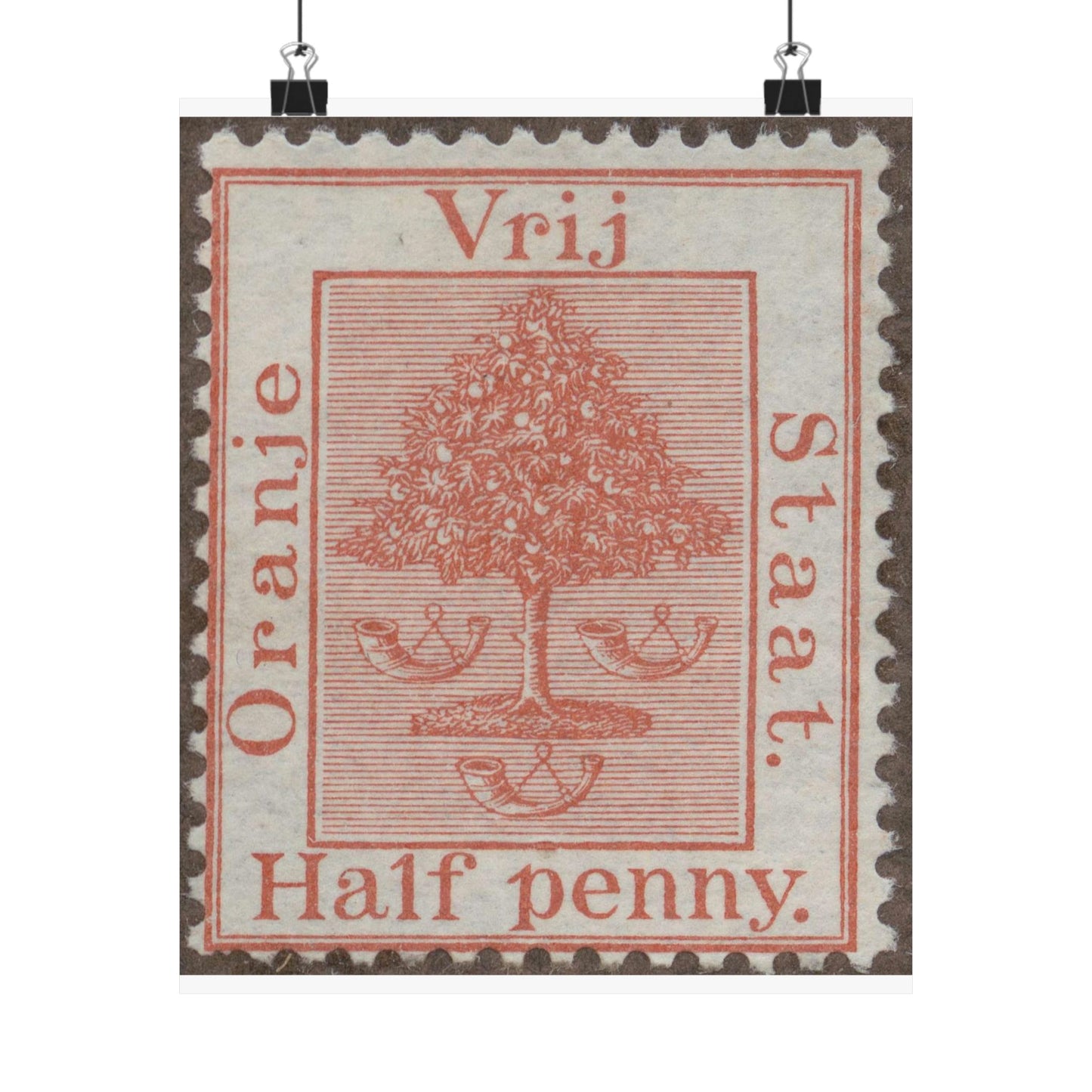 Frimärke ur Gösta Bodmans filatelistiska motivsamling, påbörjad 1950.Frimärke från Oranje -Fristaten. Motiv av apelsinträd med frukter och posthorn. High Quality Matte Wall Art Poster for Home, Office, Classroom