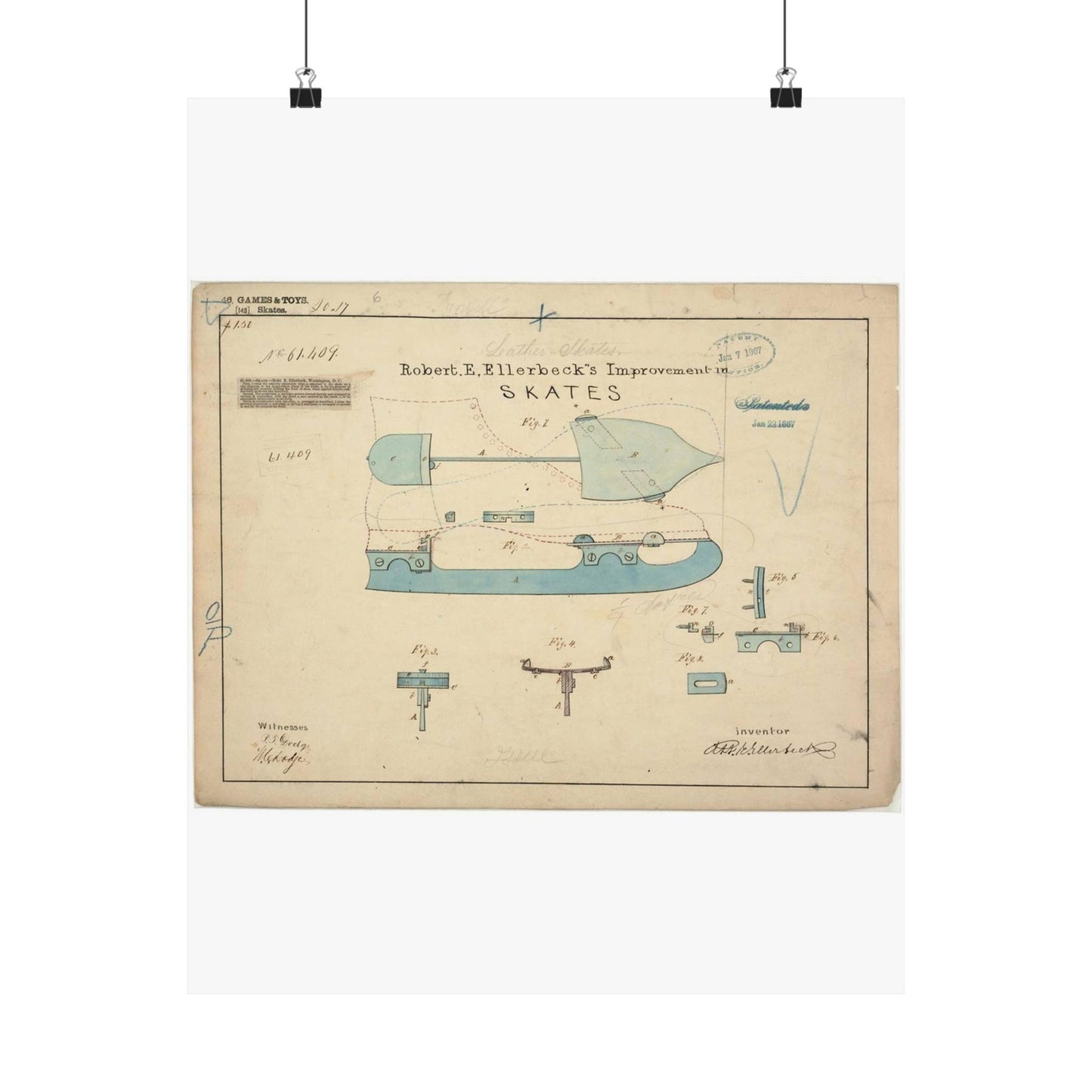 Patent drawing - Drawing of Improvement in Skates Public domain image High Quality Matte Wall Art Poster for Home, Office, Classroom