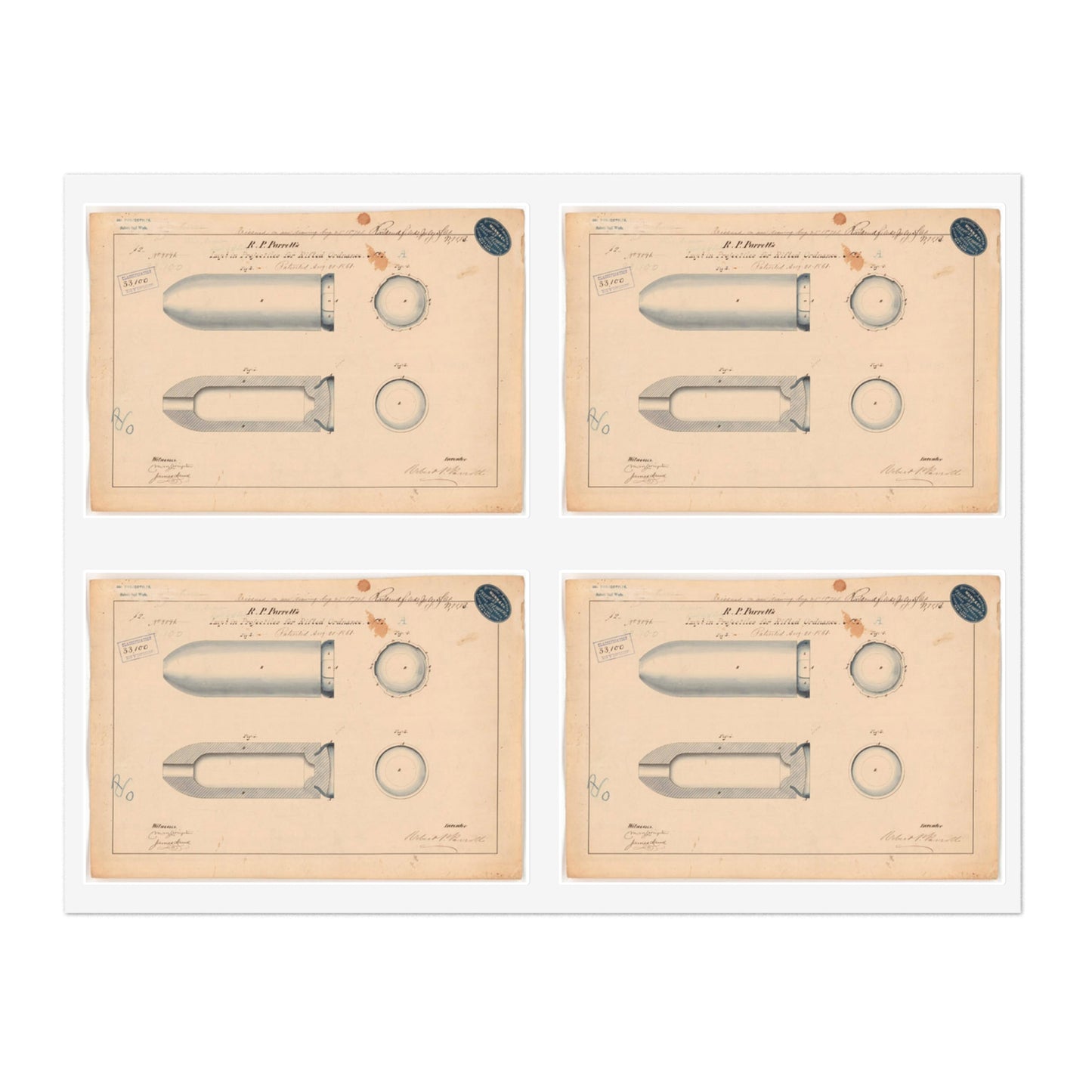 Patent drawing - Drawing of Improvement in Projectiles for Rifled Ordnance Public domain image Laminated UV Protective Vinyl Stickers